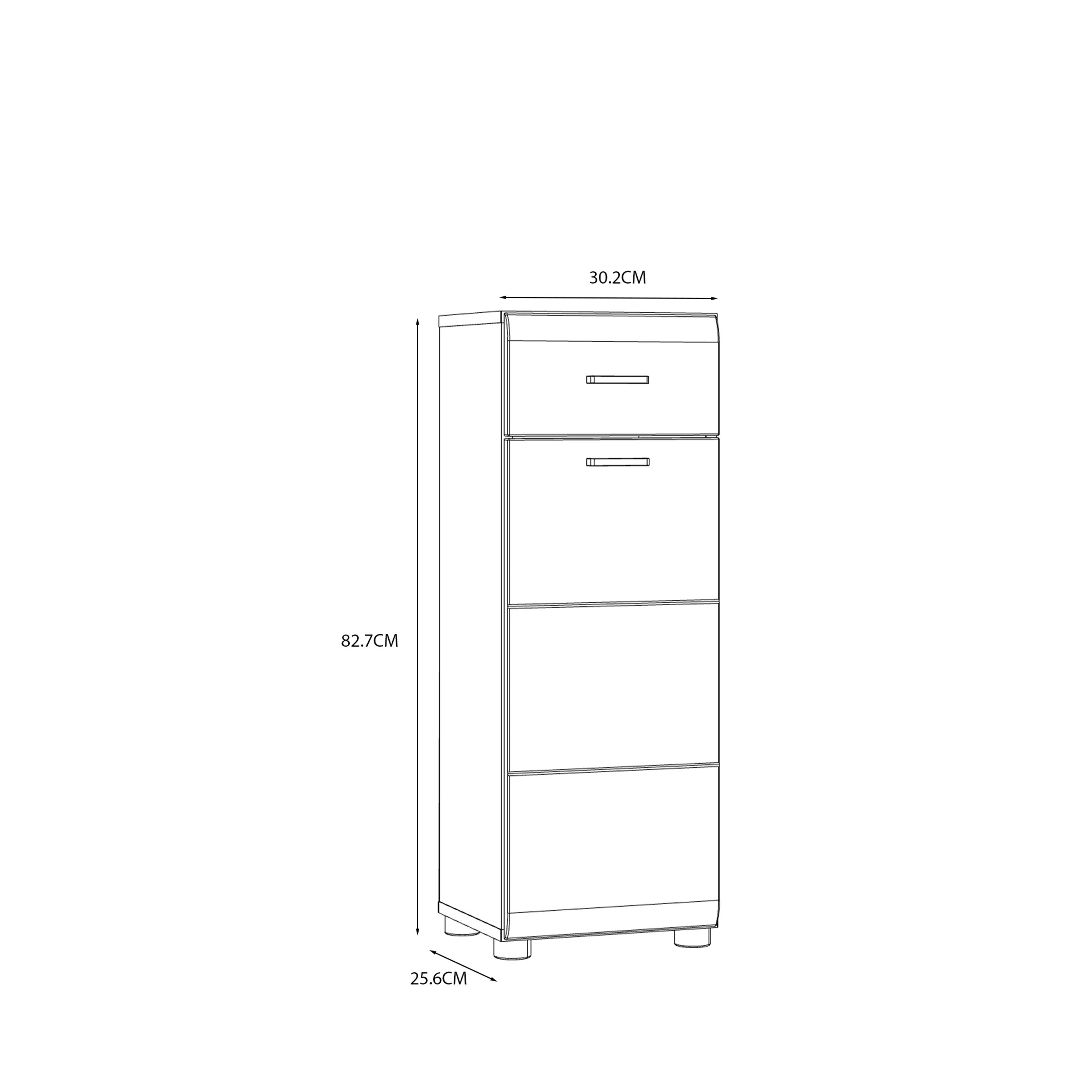 Ice Cave Bathroom Storage Cupboard with 1 Door & 1 Drawer with Silver Handles in White with White High Gloss Door