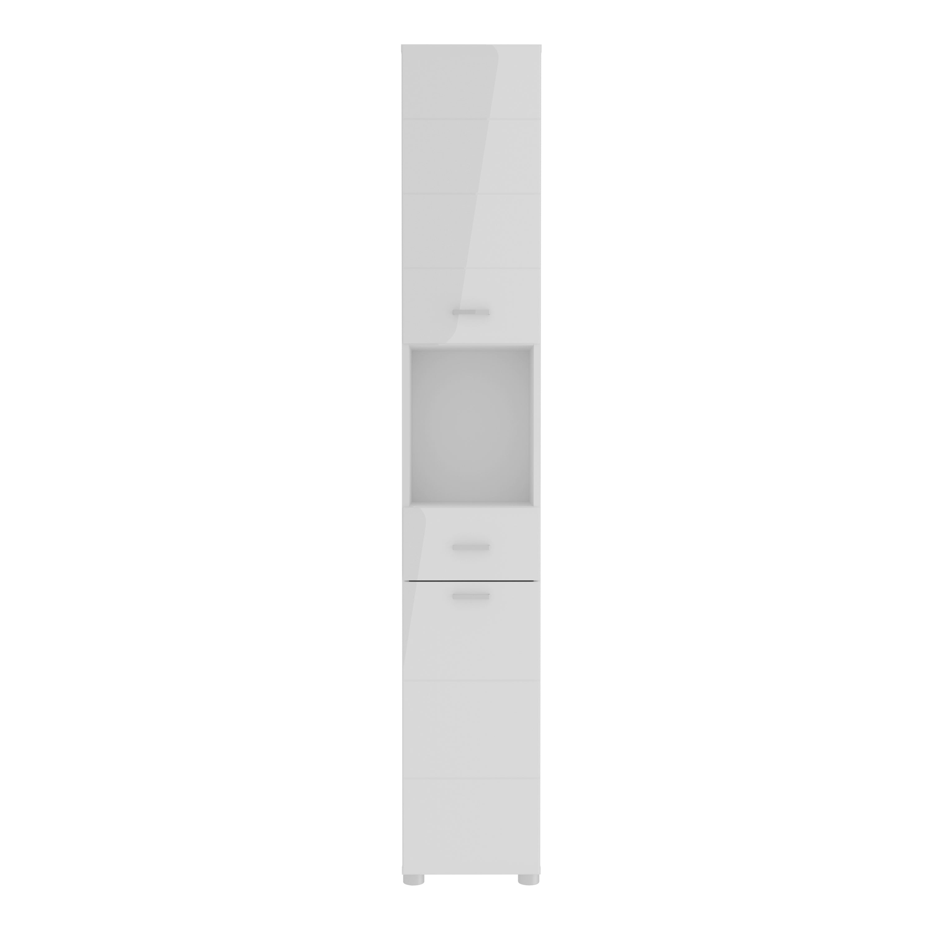Ice Cave Narrow Bathroom Storage Cabinet with 2 Doors & 1 Drawer with Silver Handles in White with White High Gloss Fronts