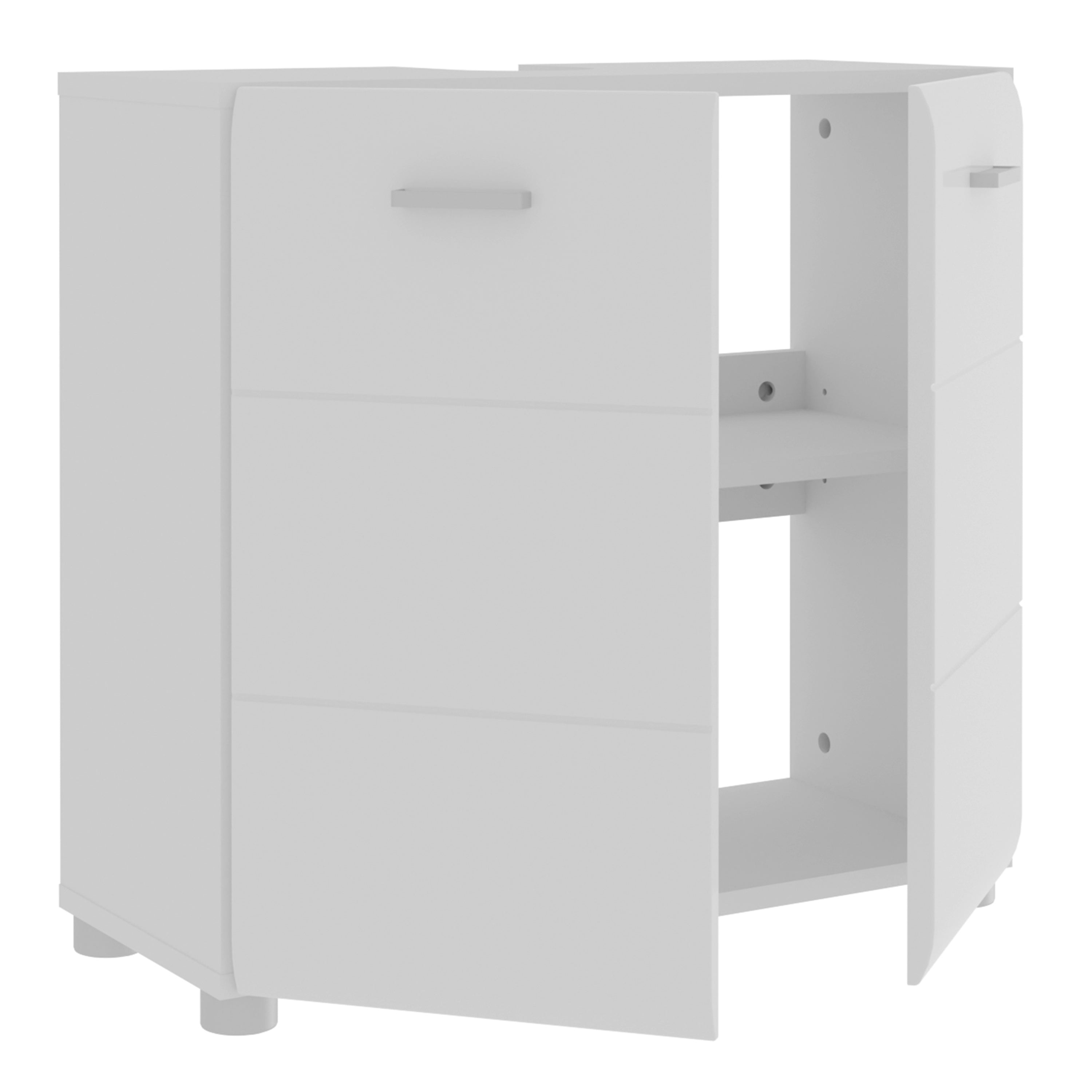 Ice Cave Under Sink Bathroom Cabinet with 2 Doors & Silver Handles in White with White High Gloss Doors
