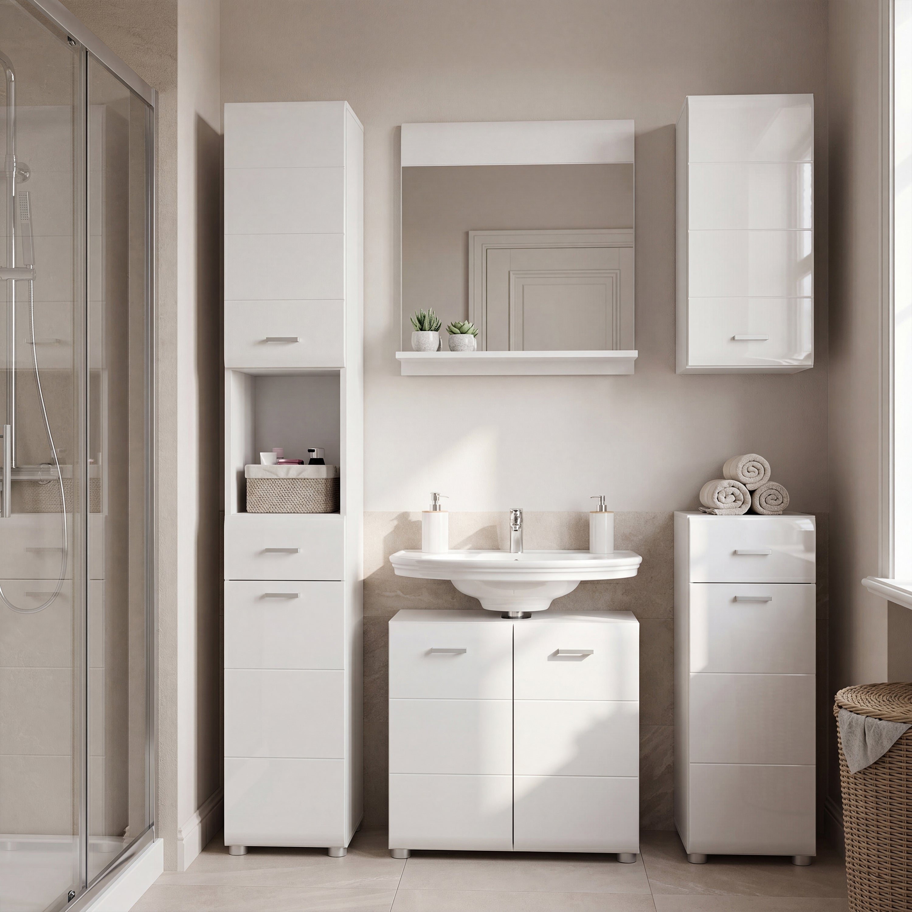 Ice Cave Under Sink Bathroom Cabinet with 2 Doors & Silver Handles in White with White High Gloss Doors