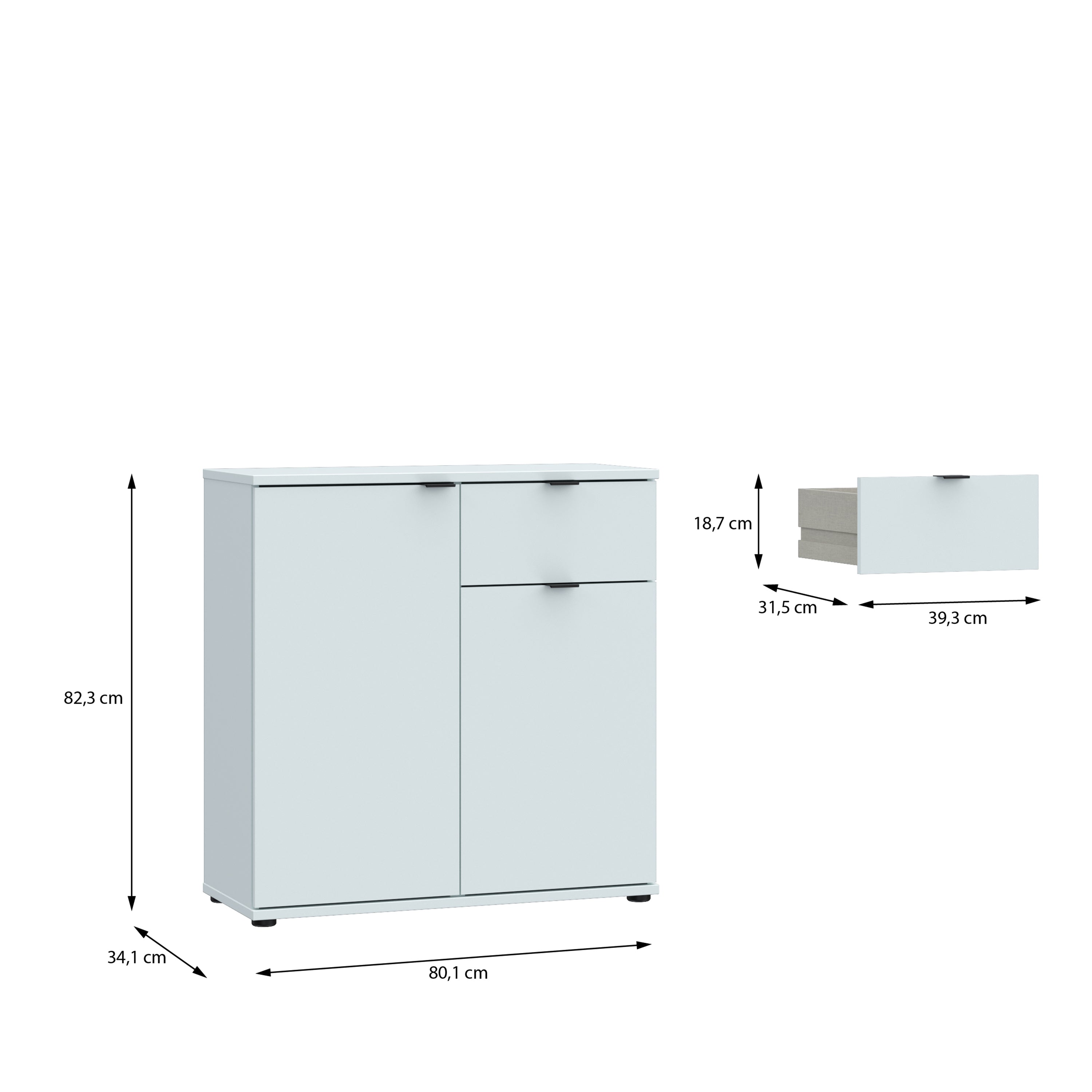 Ganymede 2 Door Cupboard with Drawer and Top Lip Detail in Light Grey