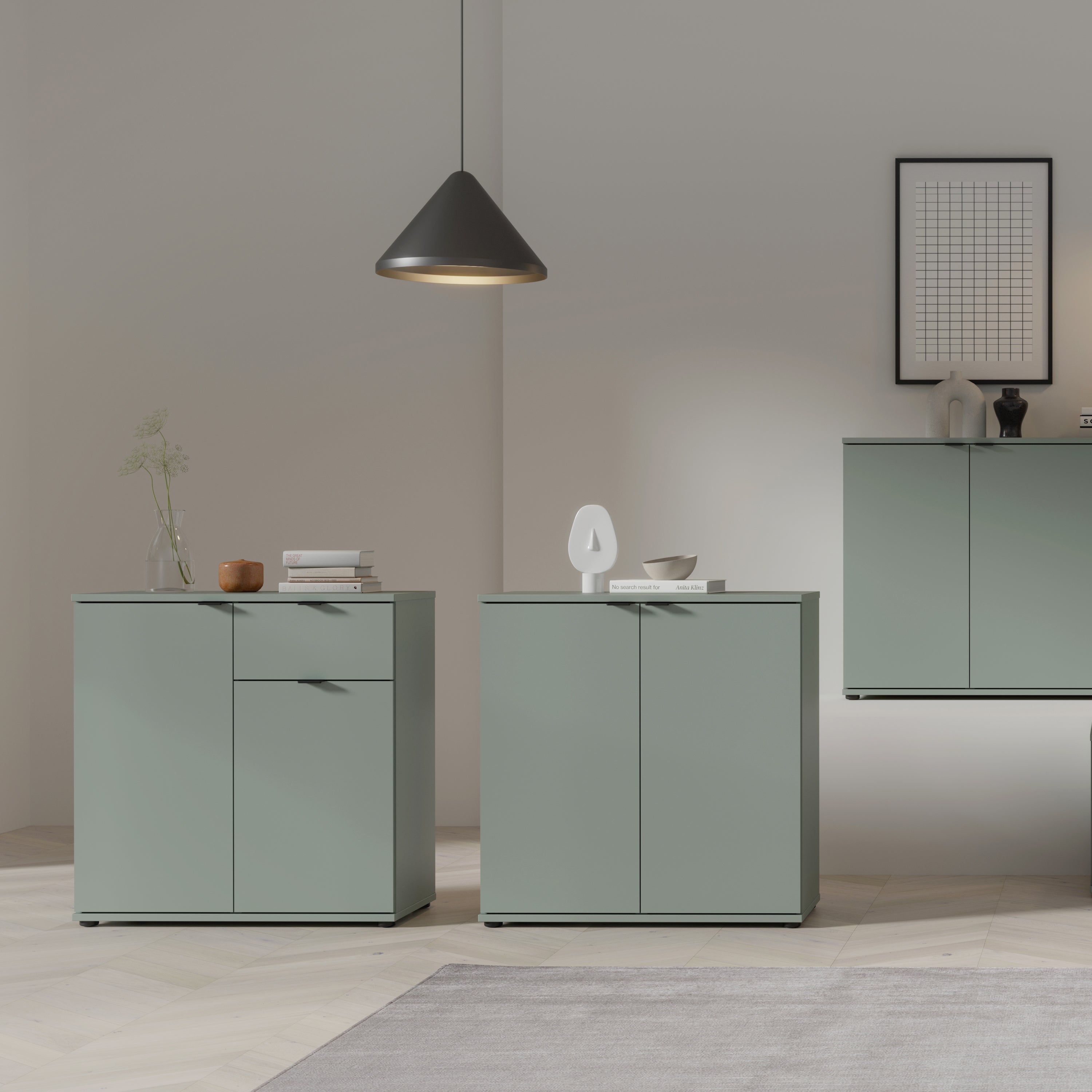 Ganymede 2 Door Cupboard with Drawer in Sage Green