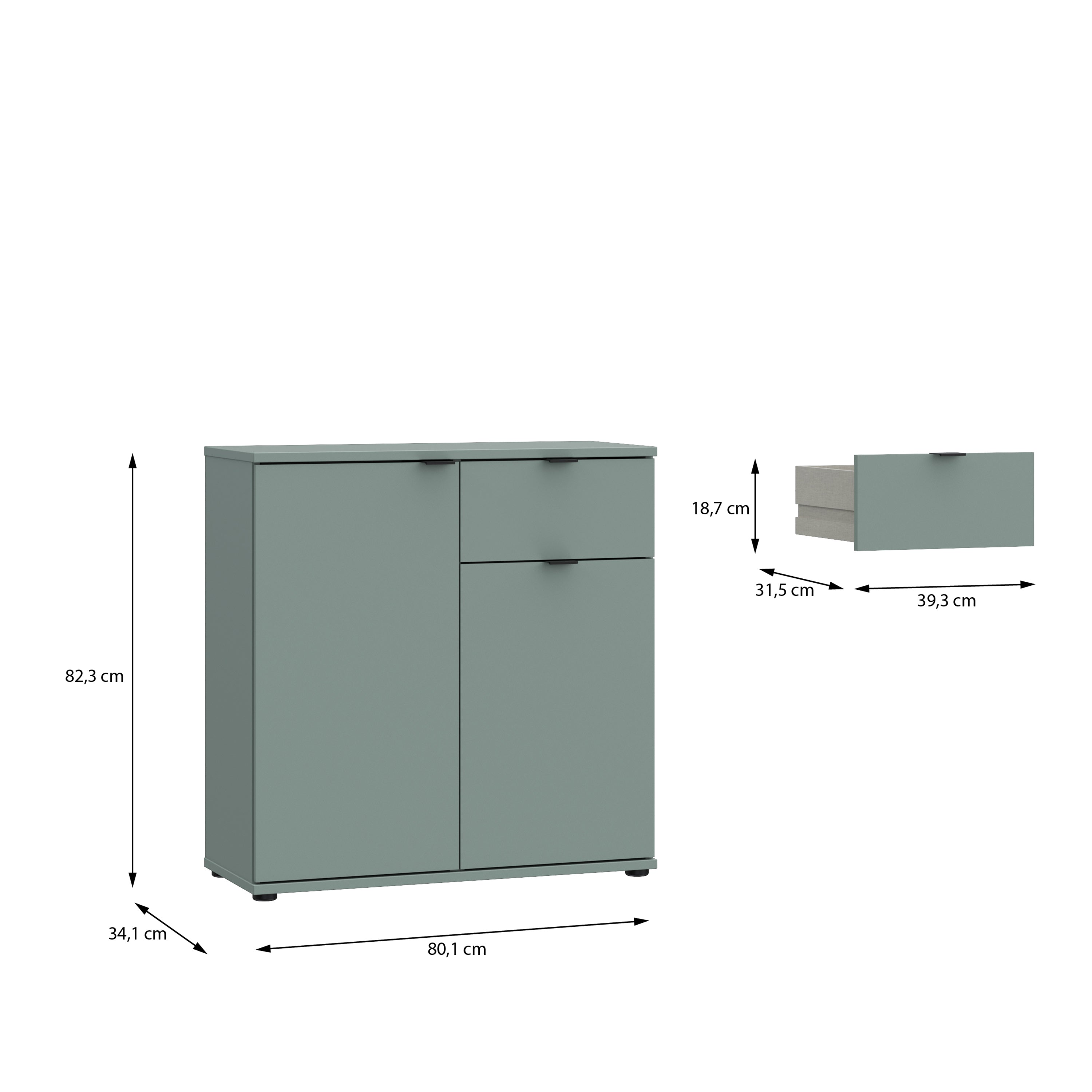 Ganymede 2 Door Cupboard with Drawer in Sage Green