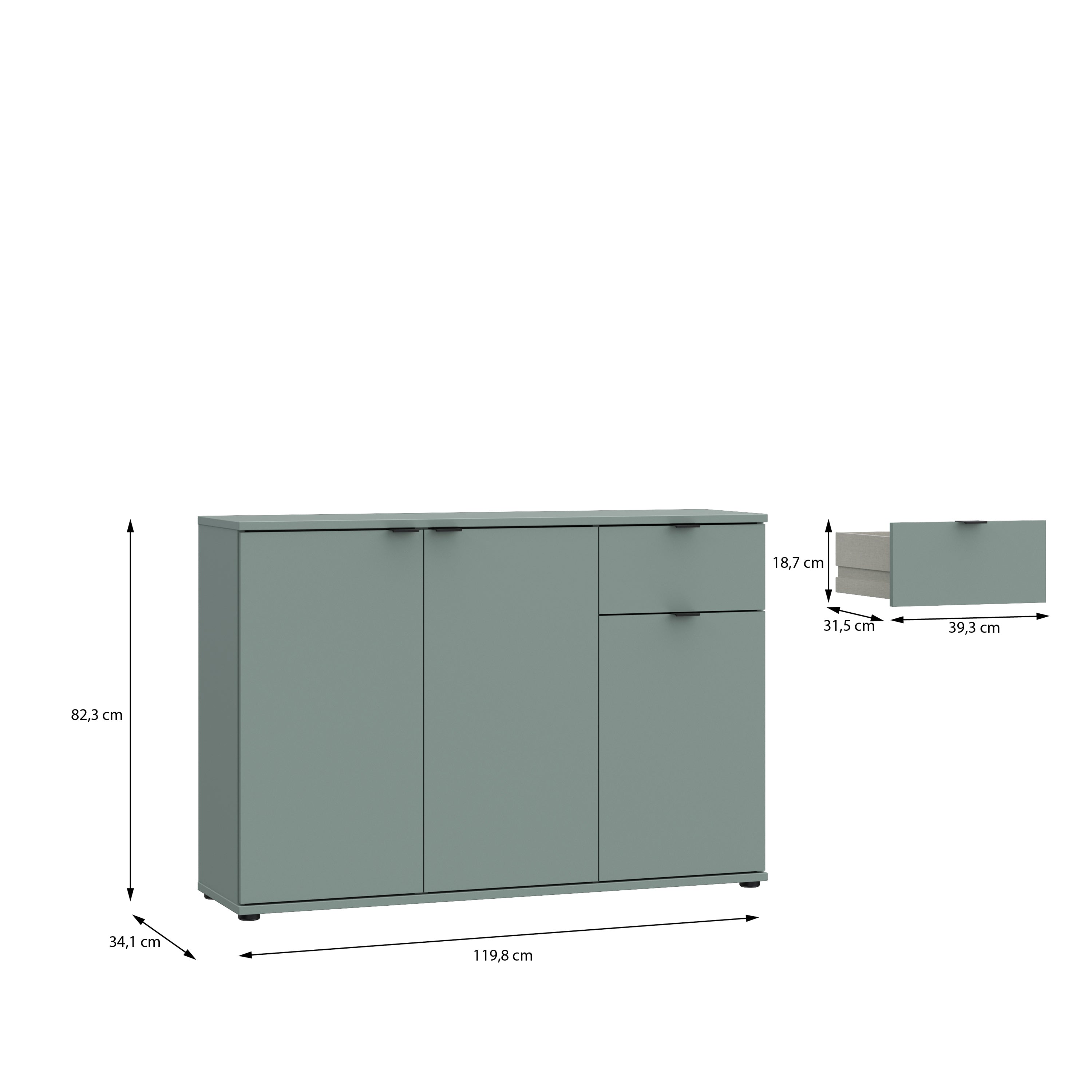 Ganymede Wide 3 Door Cupboard with Drawer in Sage Green