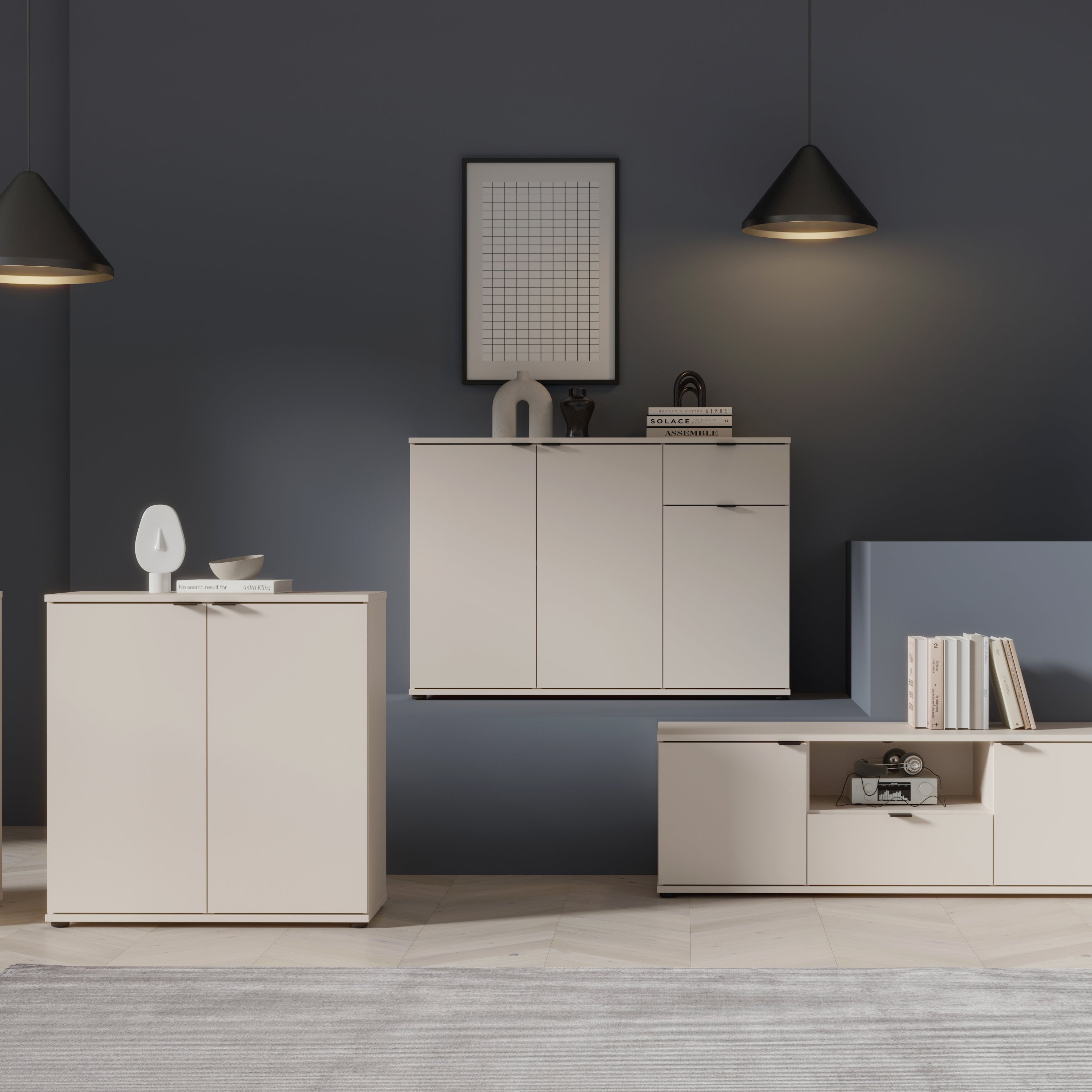 Ganymede Wide 3 Door Cupboard with Drawer in Sand