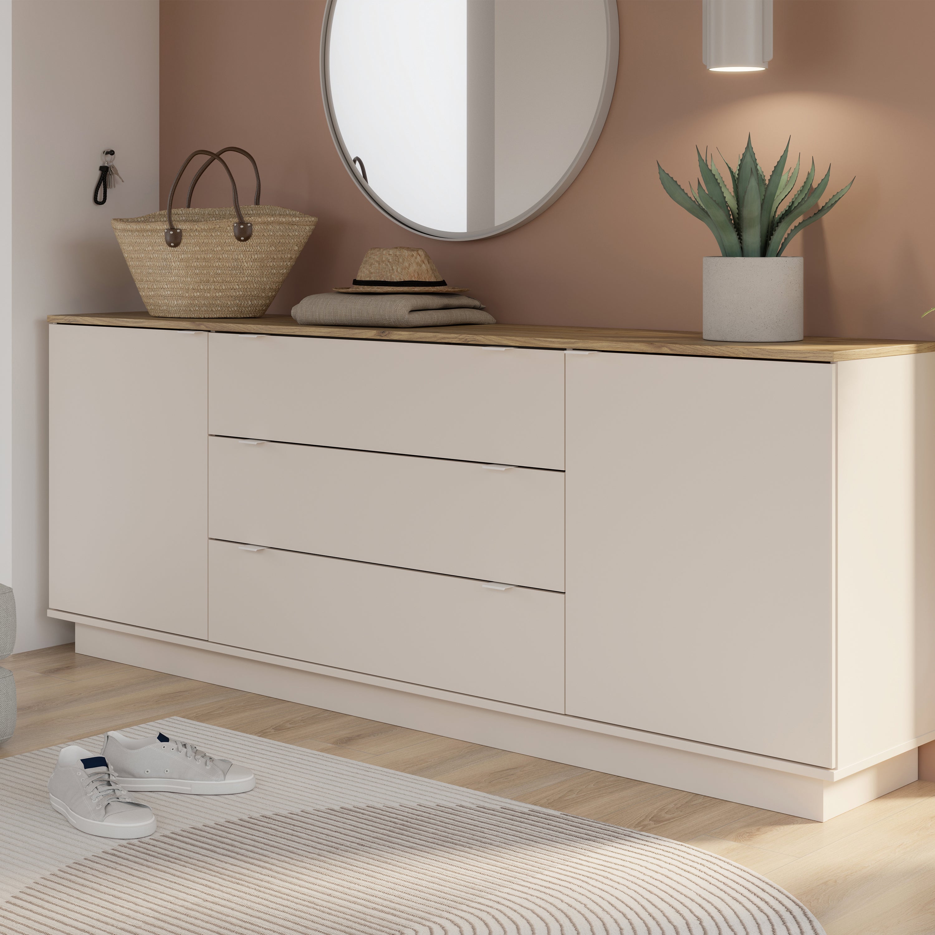 Ganymede Large Sideboard with 3 Drawers & 2 Doors in Mauvella Oak and Sand