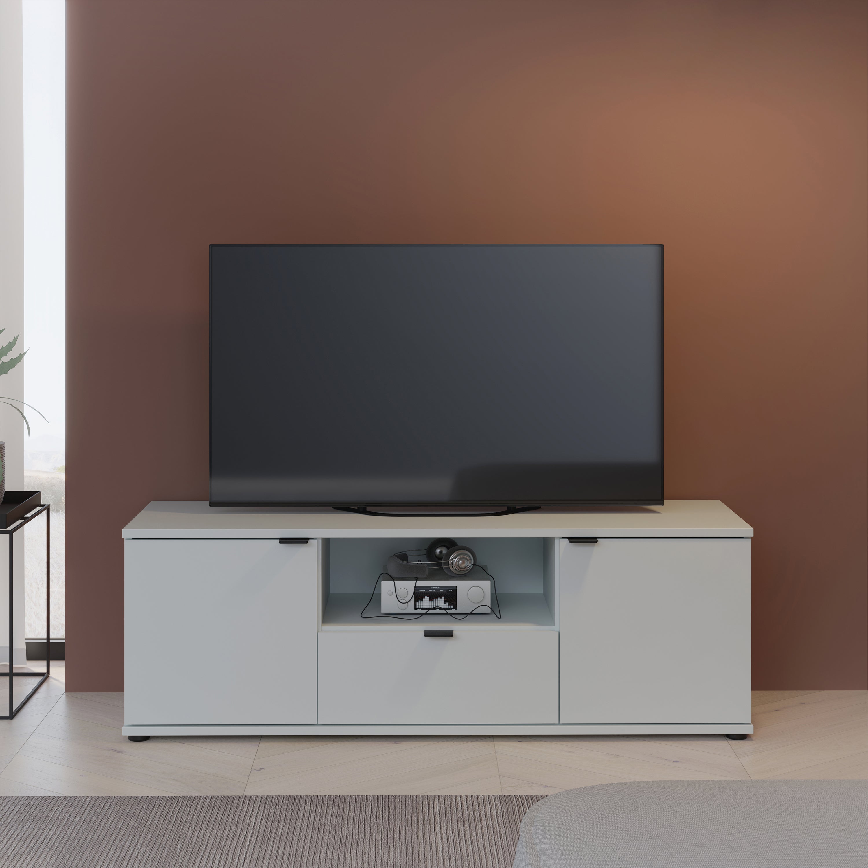 Ganymede Wide TV Unit with Open Shelf, Drawer & 2 Doors in Light Grey