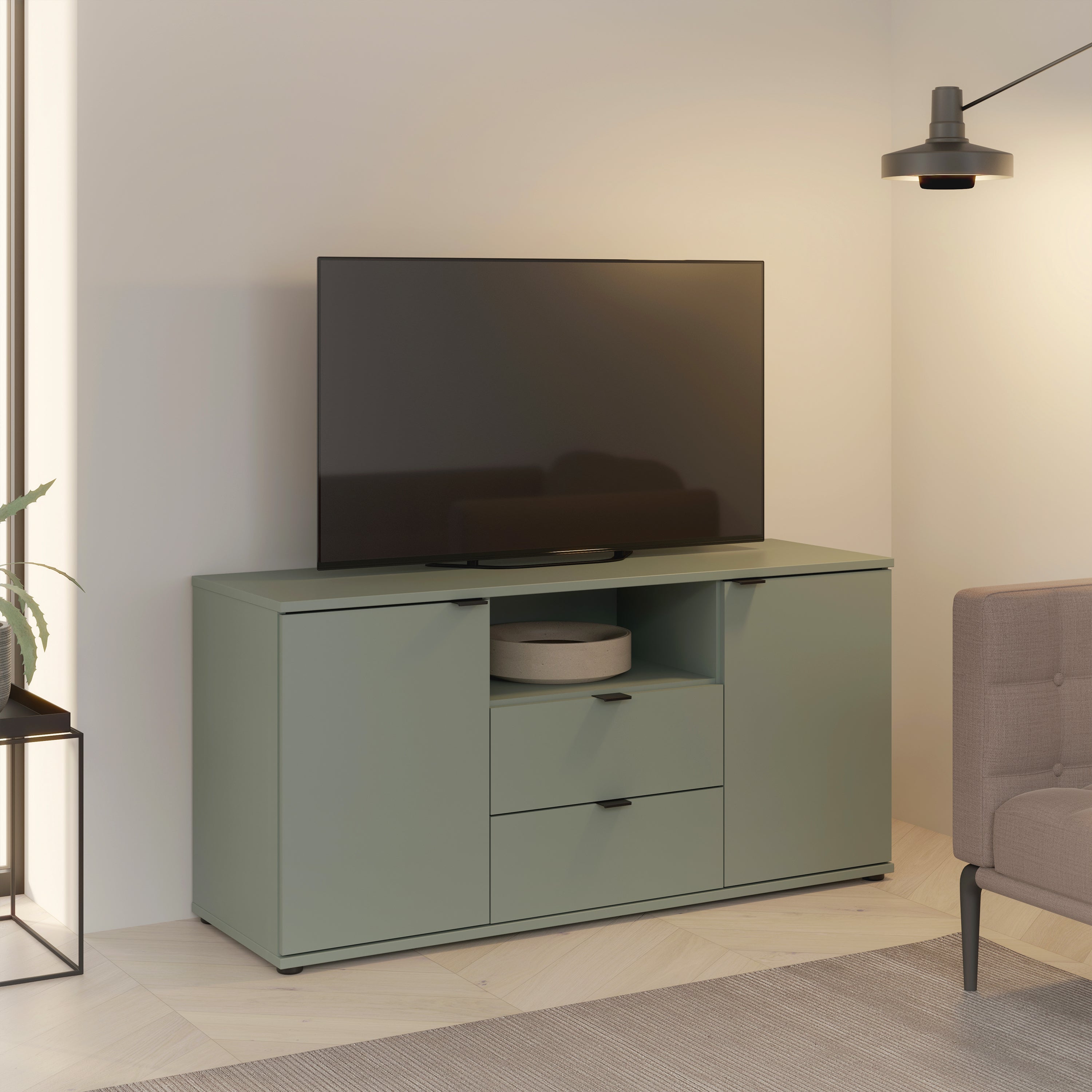 Ganymede TV Unit with Open Shelf, Drawer & 2 Doors in Sage Green