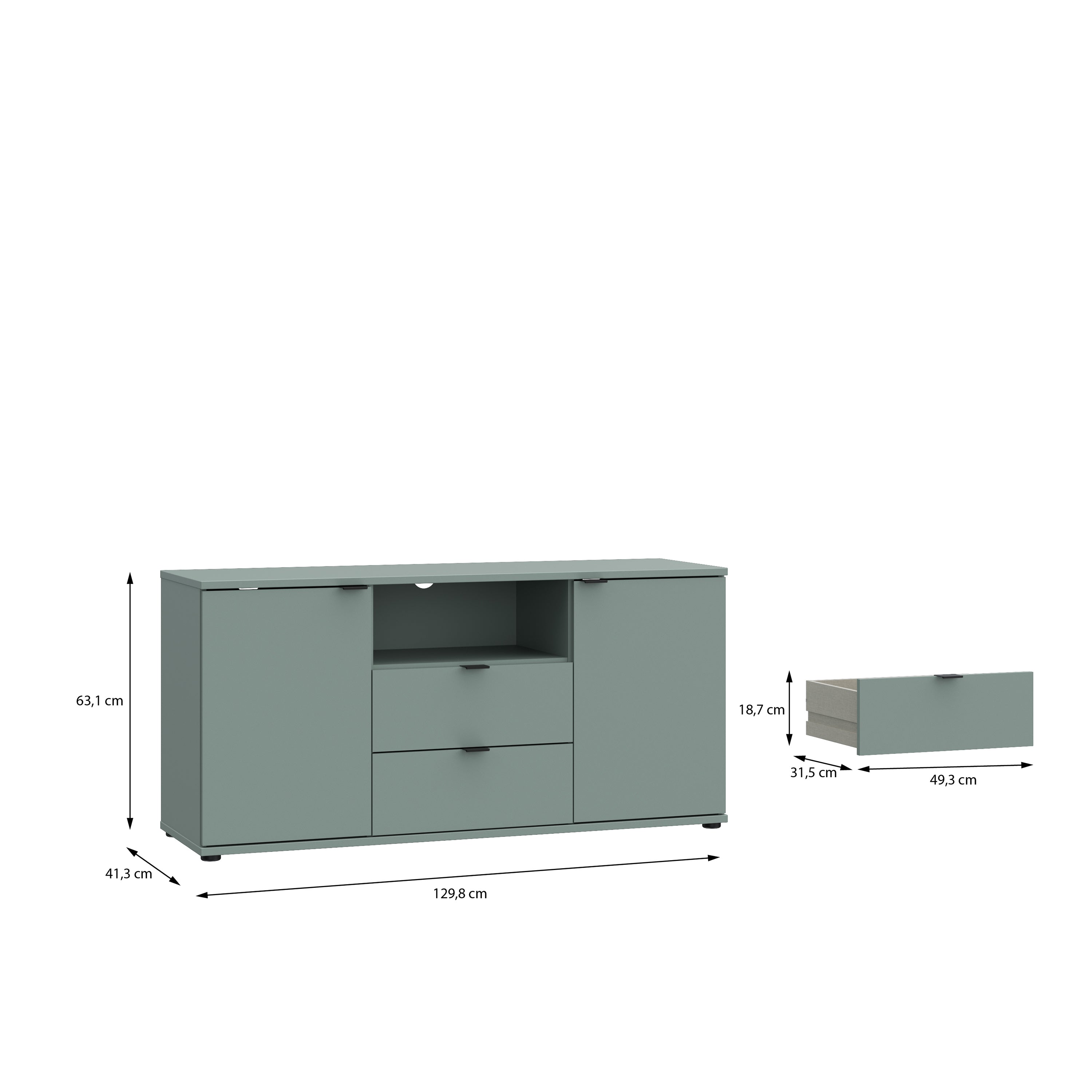 Ganymede TV Unit with Open Shelf, Drawer & 2 Doors in Sage Green