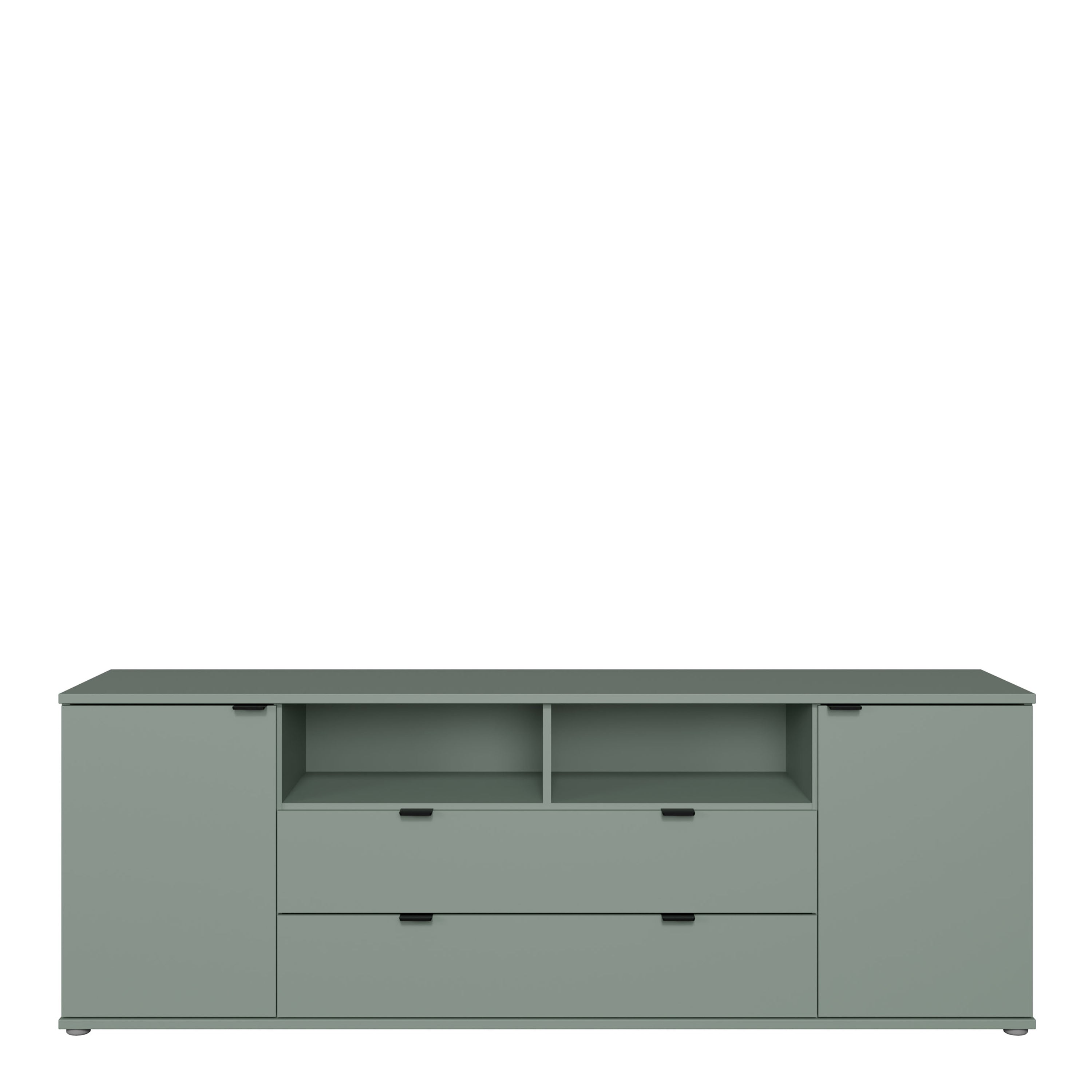 Ganymede Wide TV Unit with Open Shelving, 2 Drawers & 2 Doors in Sage Green