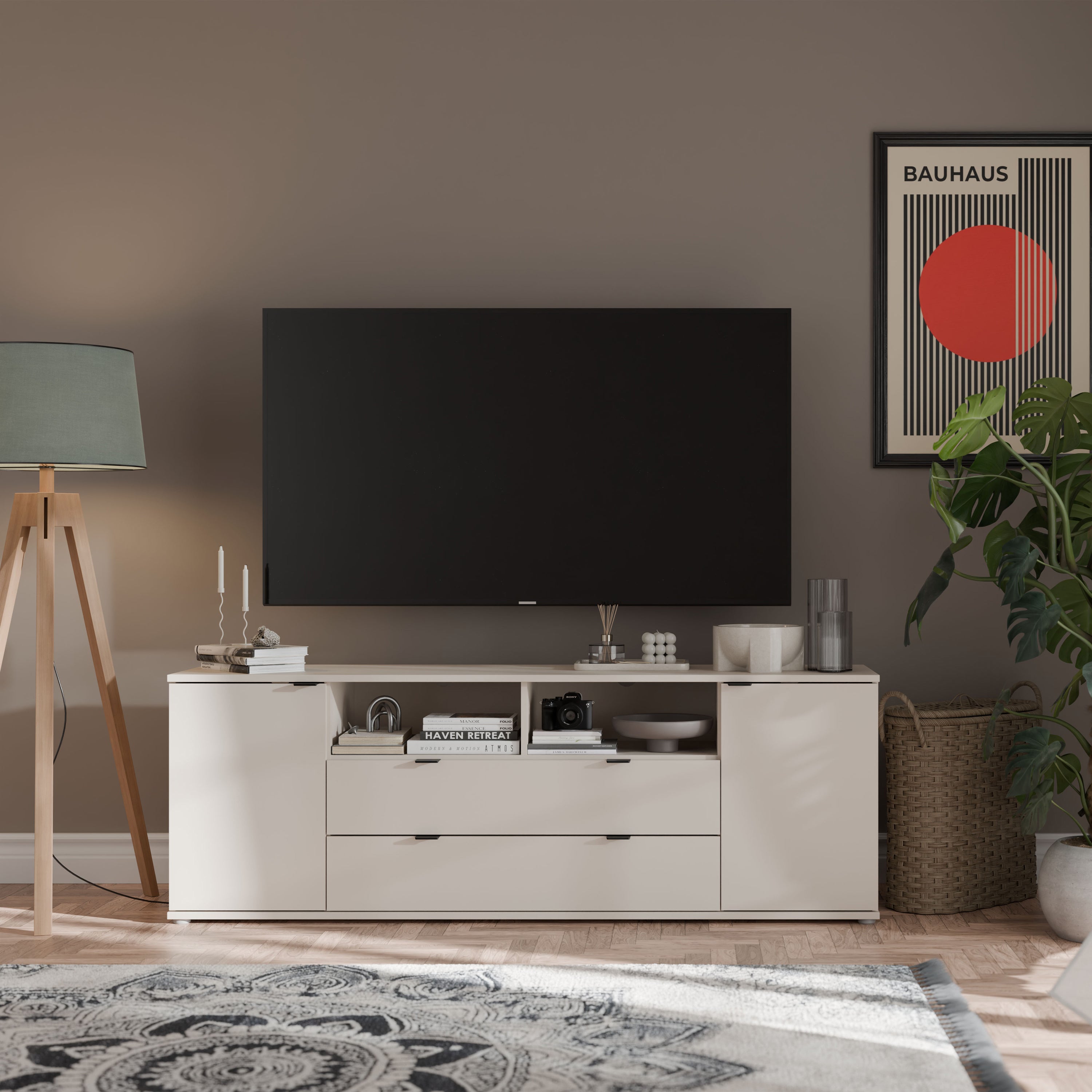 Ganymede Wide TV Unit with Open Shelving, 2 Drawers & 2 Doors in Sand