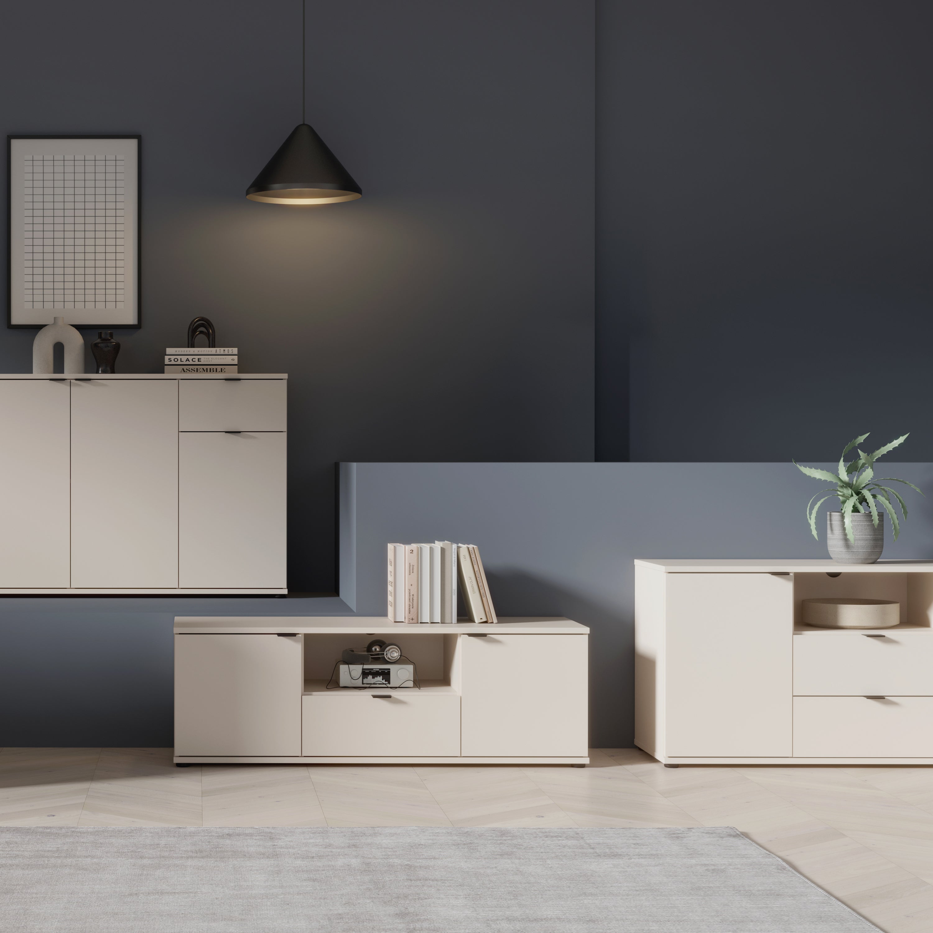 Ganymede Wide TV Unit with Open Shelving, 2 Drawers & 2 Doors in Sand