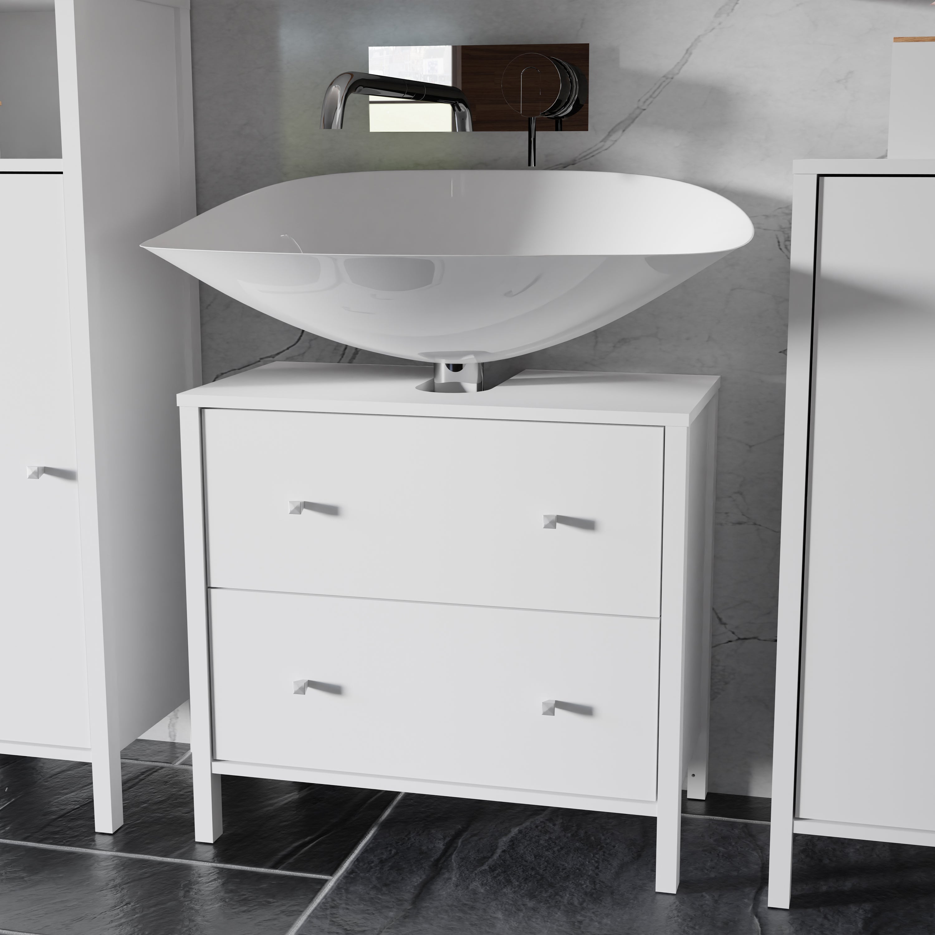 Ipsarion Under Sink Bathroom Storage Unit with 2 Drawers & Silver Handles in White