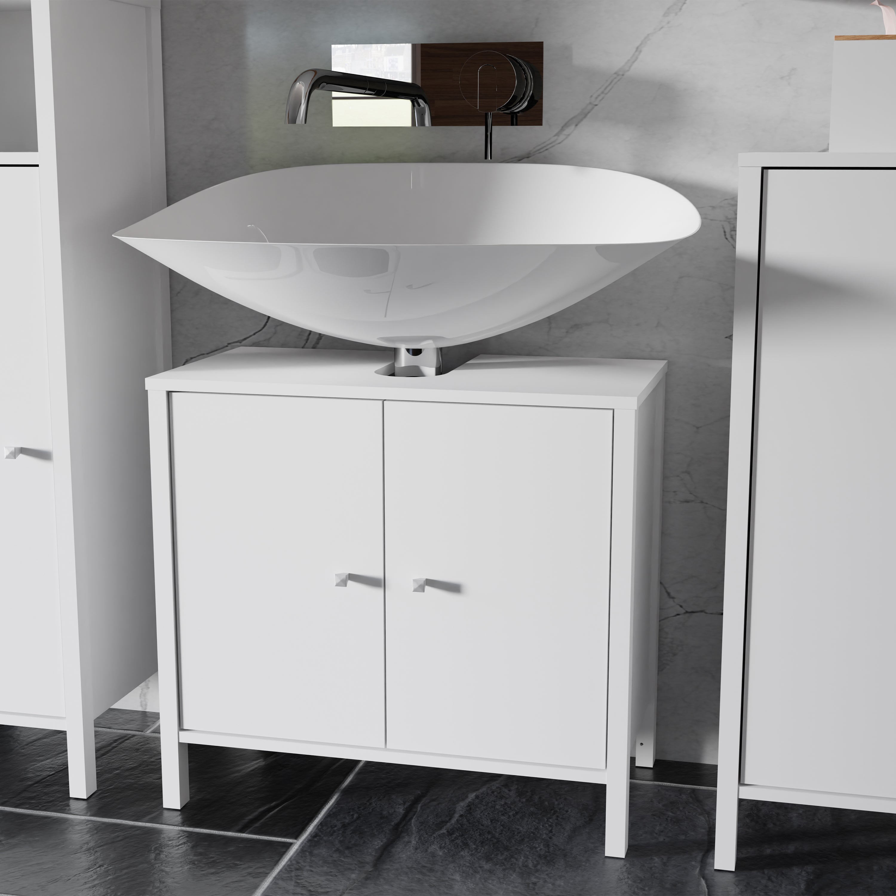 Ipsarion Under Sink Bathroom Storage Unit with 2 Doors & Silver Handles in White