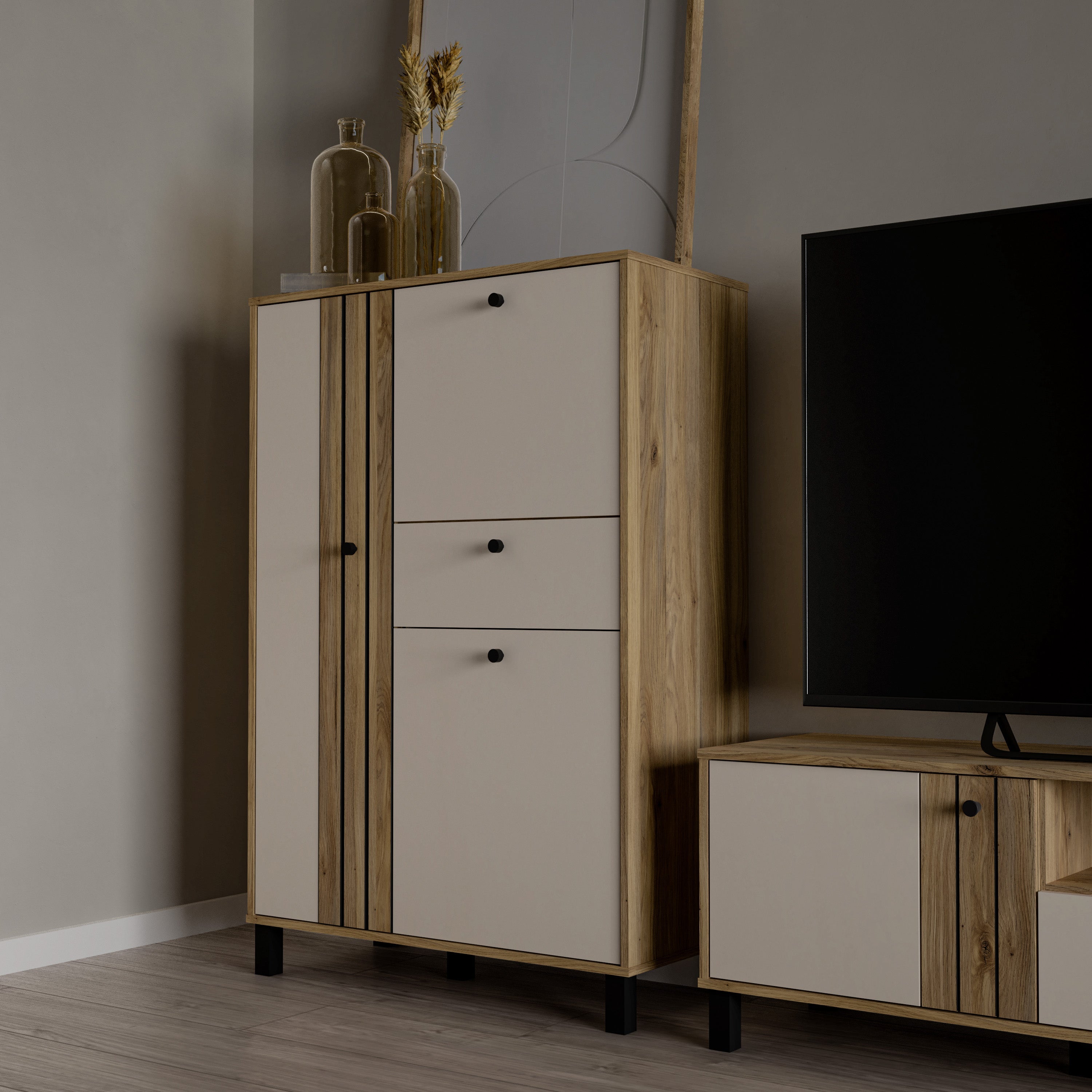 Grafton 3 Door 1 Drawer Cabinet In Cream and Oak – FTG, view 6
