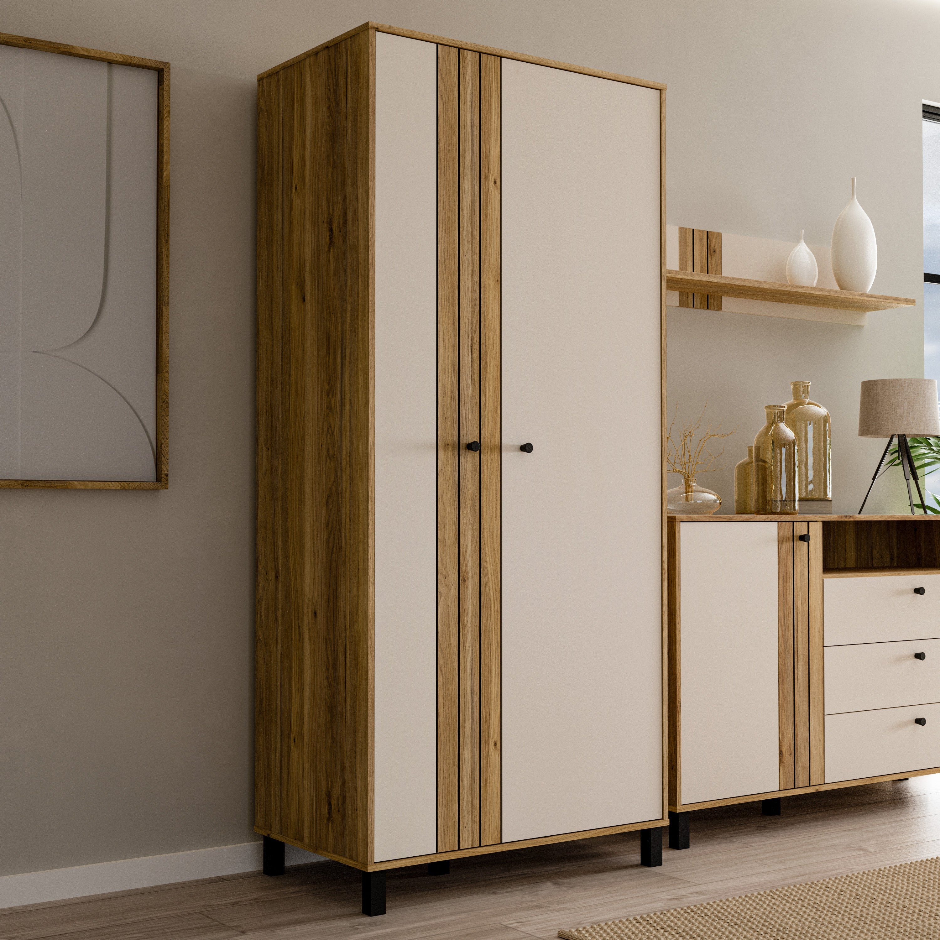 Grafton 2 Door Wardrobe In Cream and Oak – FTG, view 6
