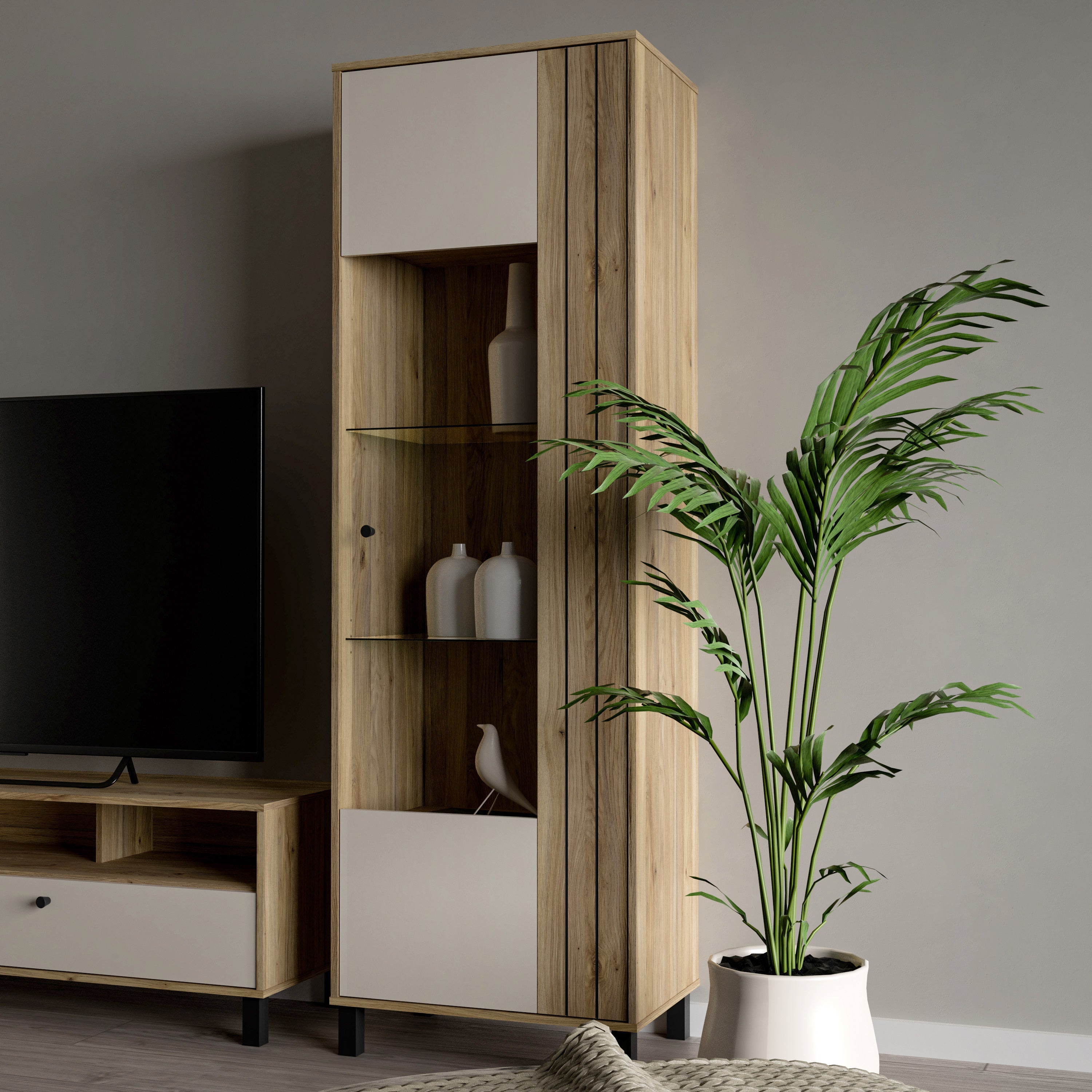 Grafton Glass Door Display Cabinet in Cream and Oak – FTG, view 6