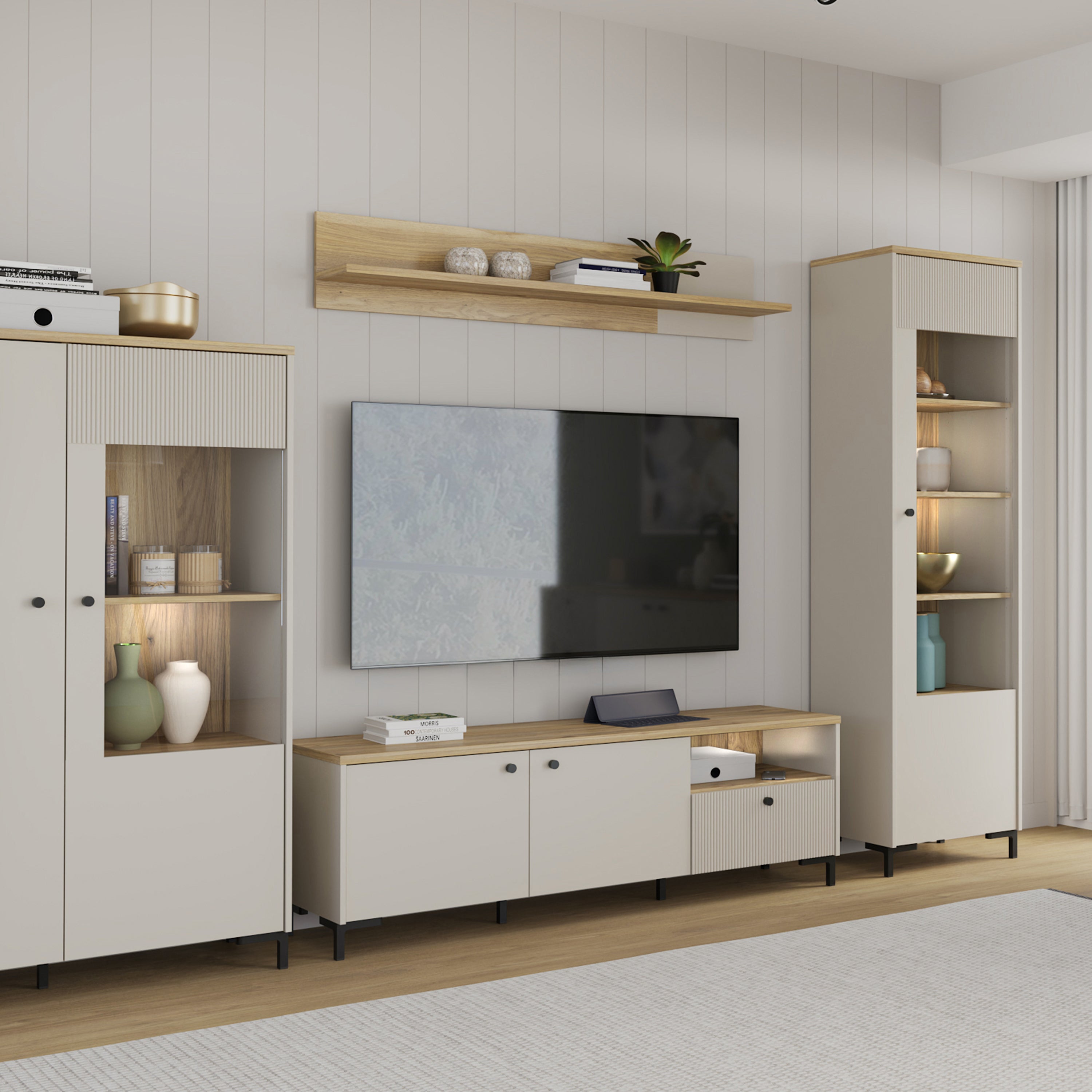 Bixbite Wall Shelf with Sliding Panel in Mauvella Oak and Sand