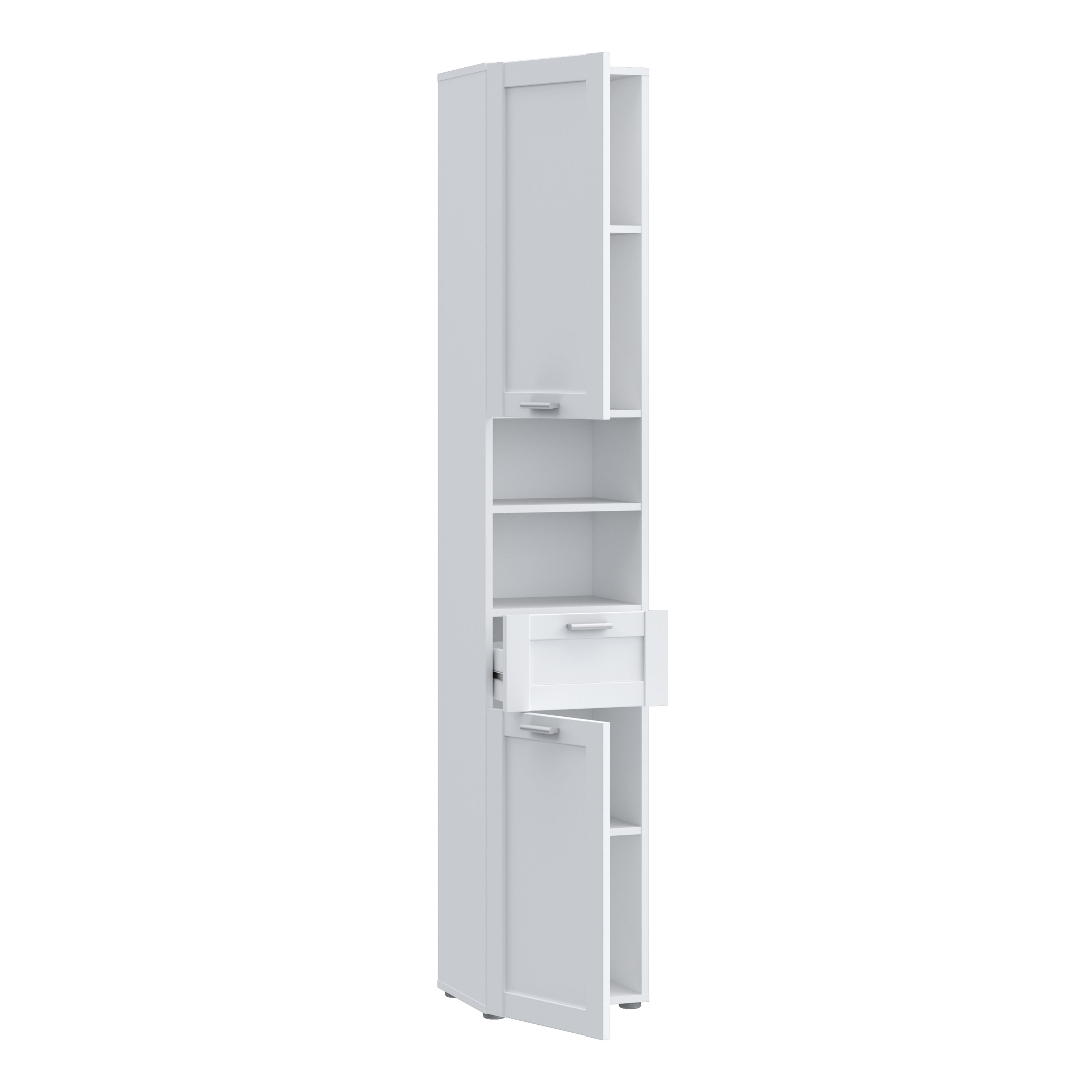 Lokko Tall Narrow Bathroom Cabinet with 2 Doors & 1 Drawer with Silver Handles in White