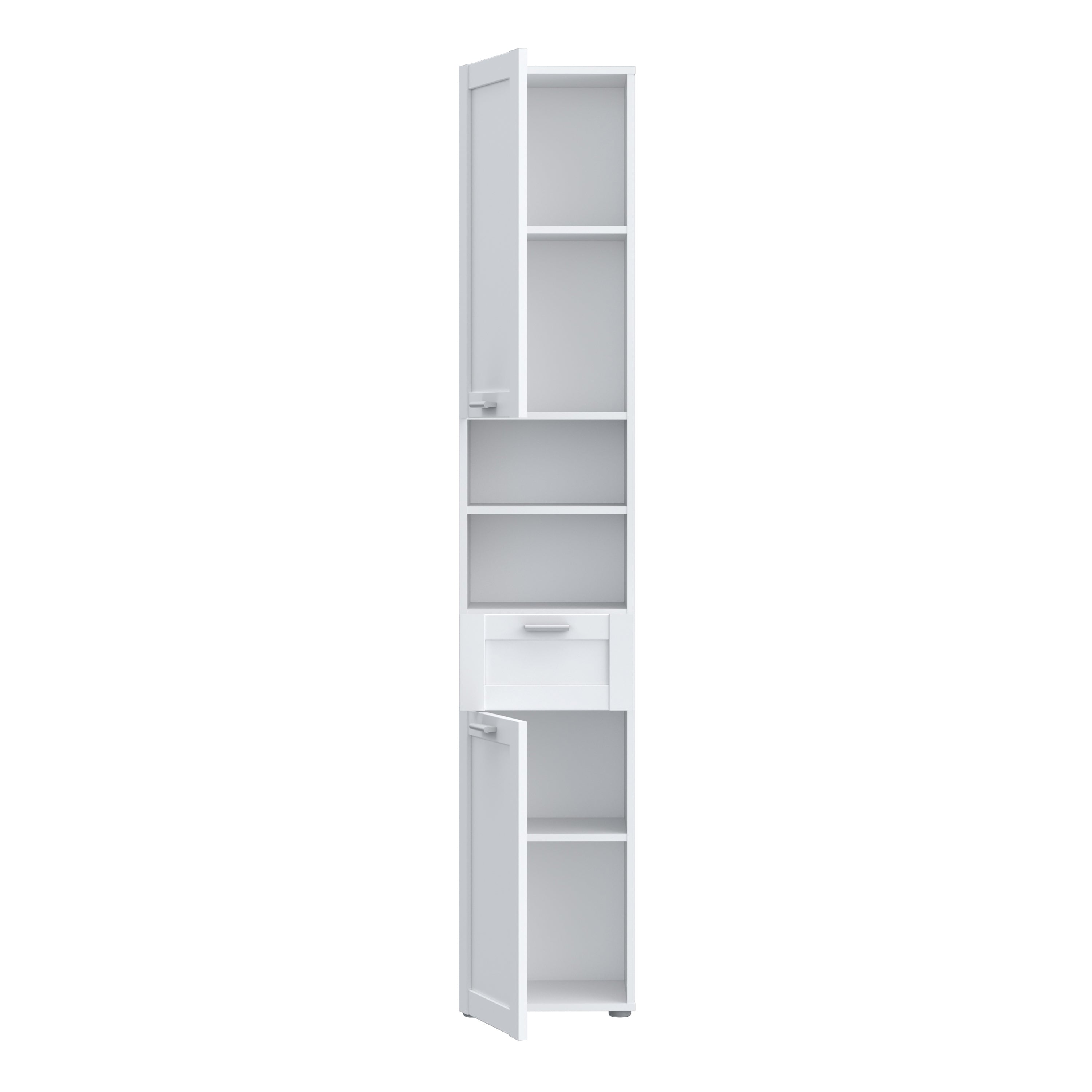 Lokko Tall Narrow Bathroom Cabinet with 2 Doors & 1 Drawer with Silver Handles in White