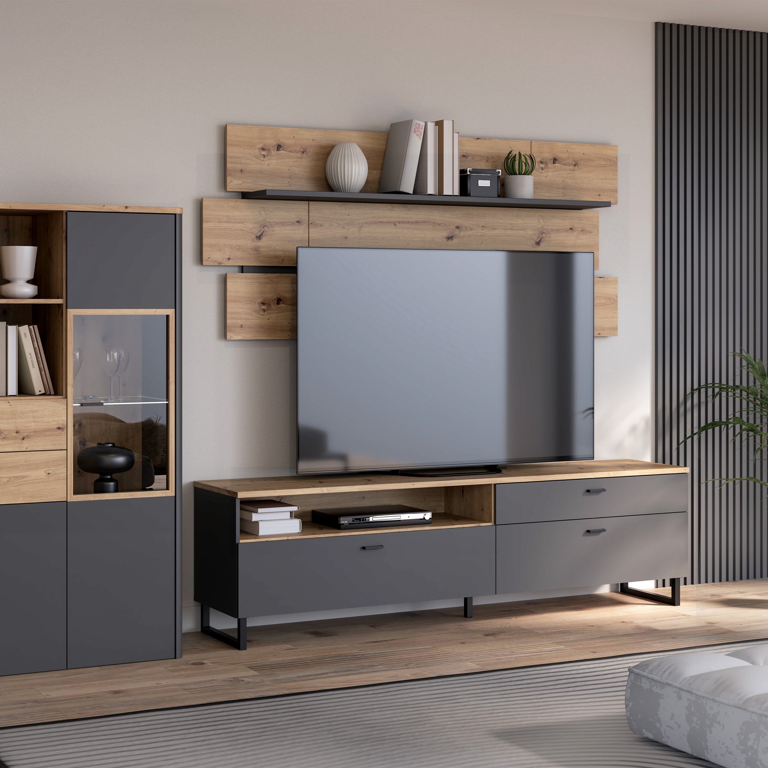 Klara TV Unit with 1 Drawer 2 Flip Doors in Grey and Oak inc LED Lighting – FTG, view 6