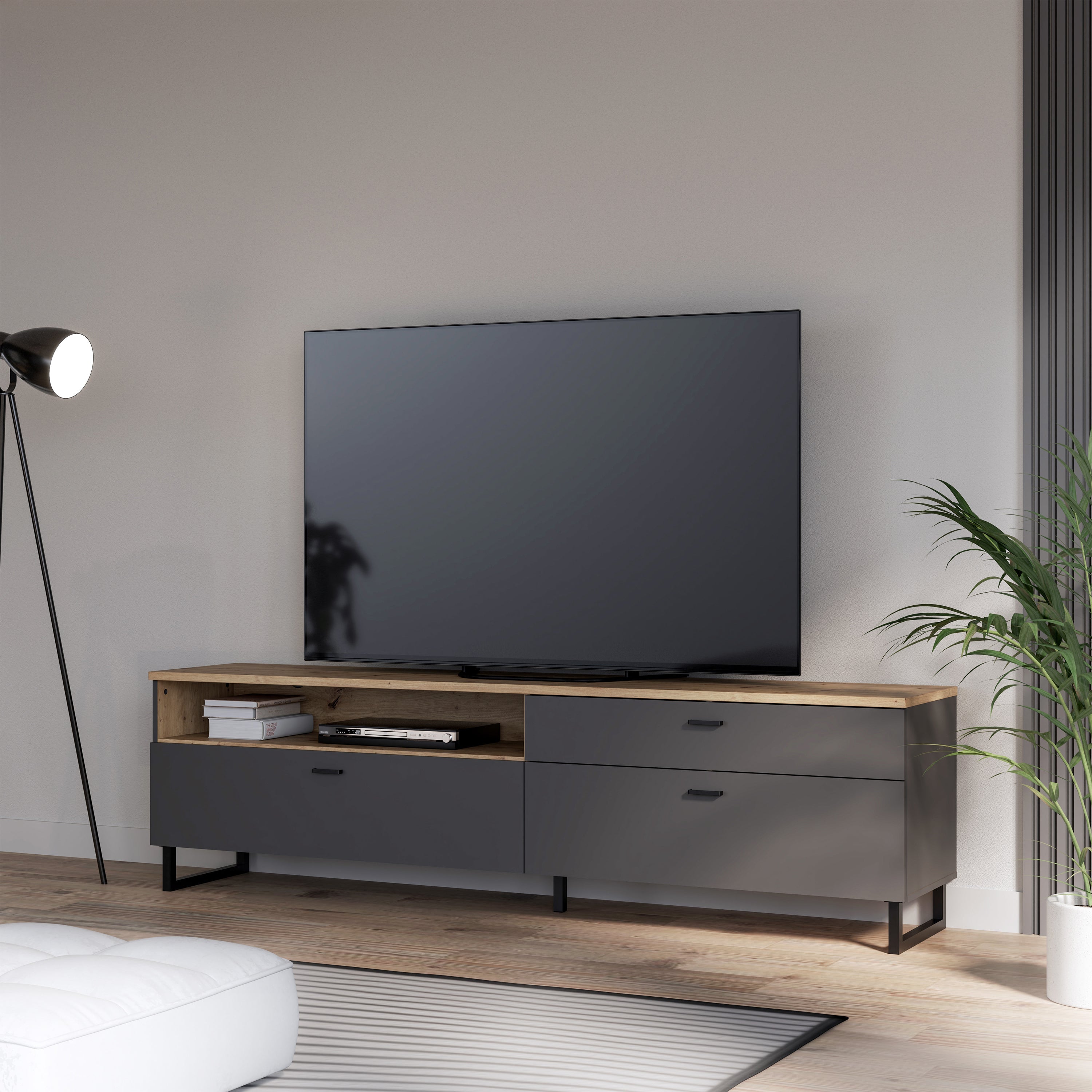 Klara TV Unit with 1 Drawer 2 Flip Doors in Grey and Oak – FTG, view 6