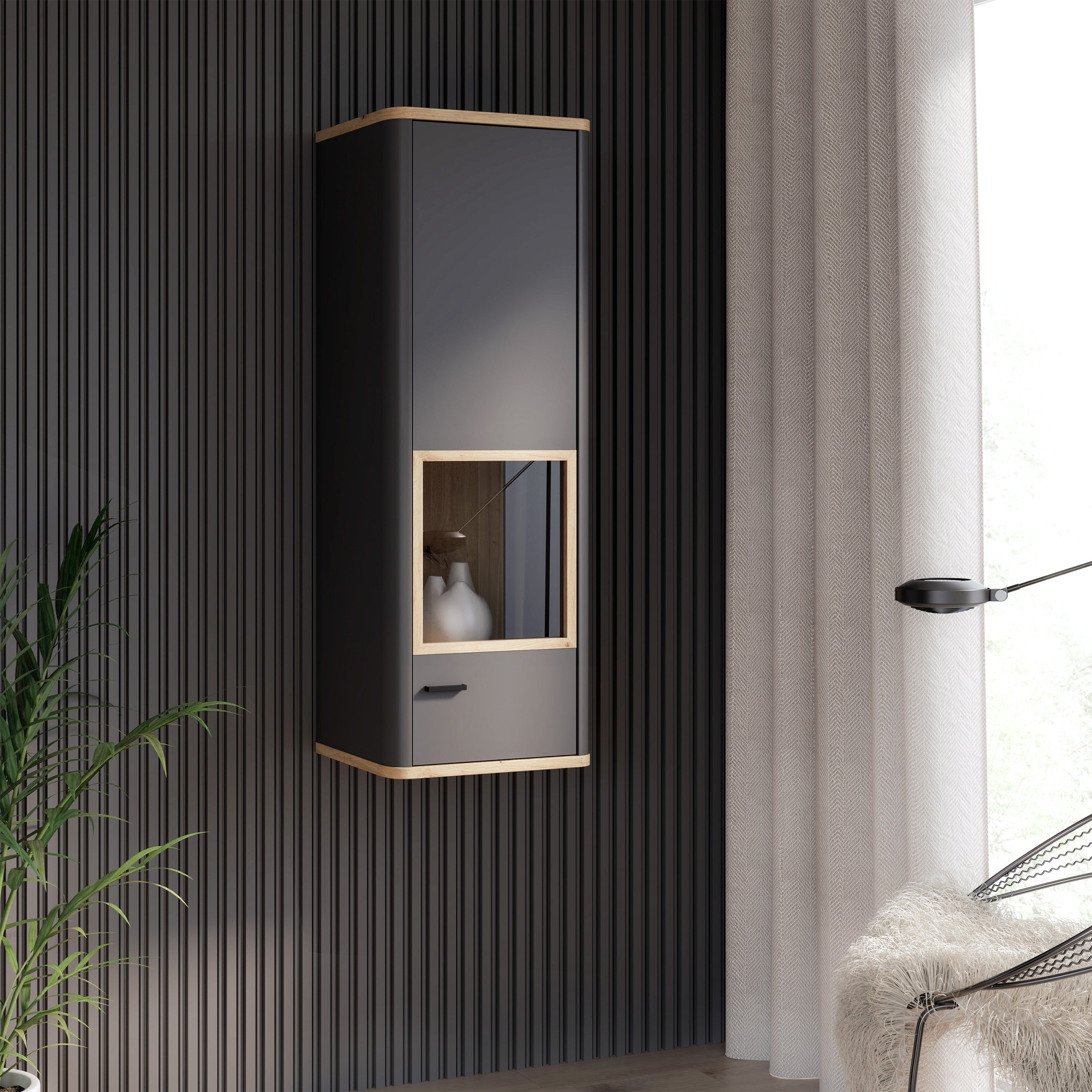 Klara Display Cabinet with 1 Glass Door in Grey and Oak – FTG, view 6