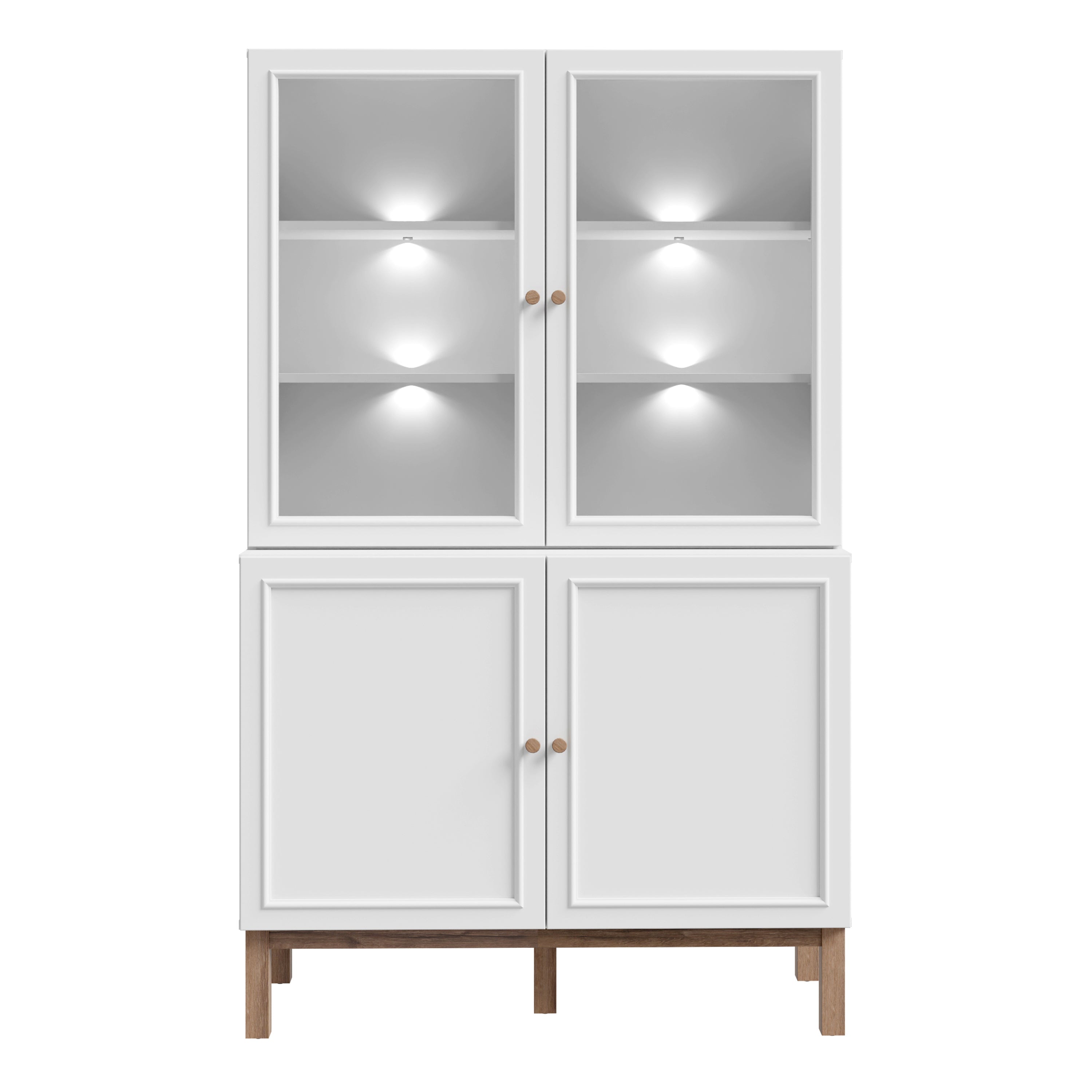 Wensley Display Cabinet with 2 Doors and 2 Glass Doors in Light Grey and Oak inc LED Lighting – FTG, view 2