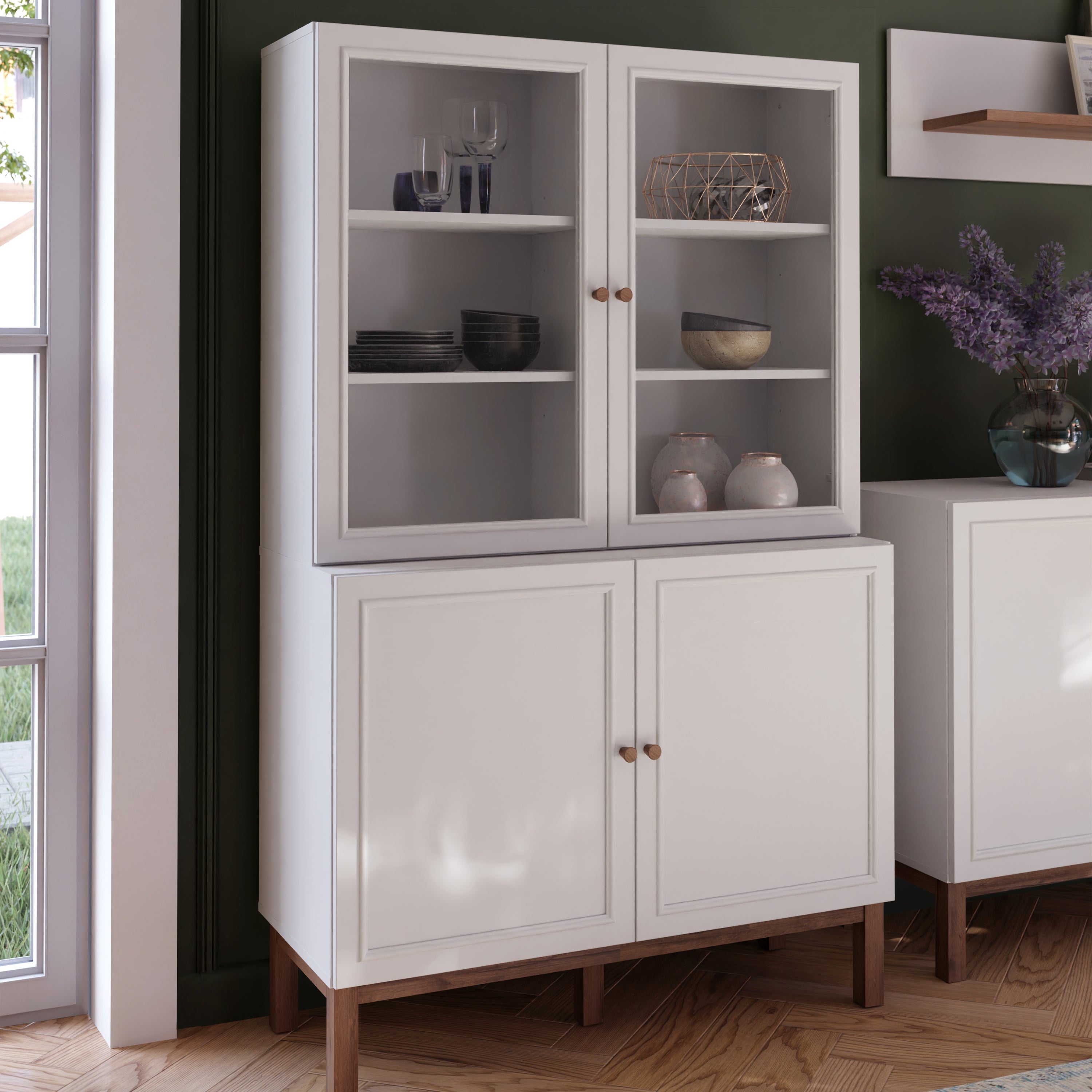 Wensley Display Cabinet with 2 Doors and 2 Glass Doors in Light Grey and Oak – FTG, view 6