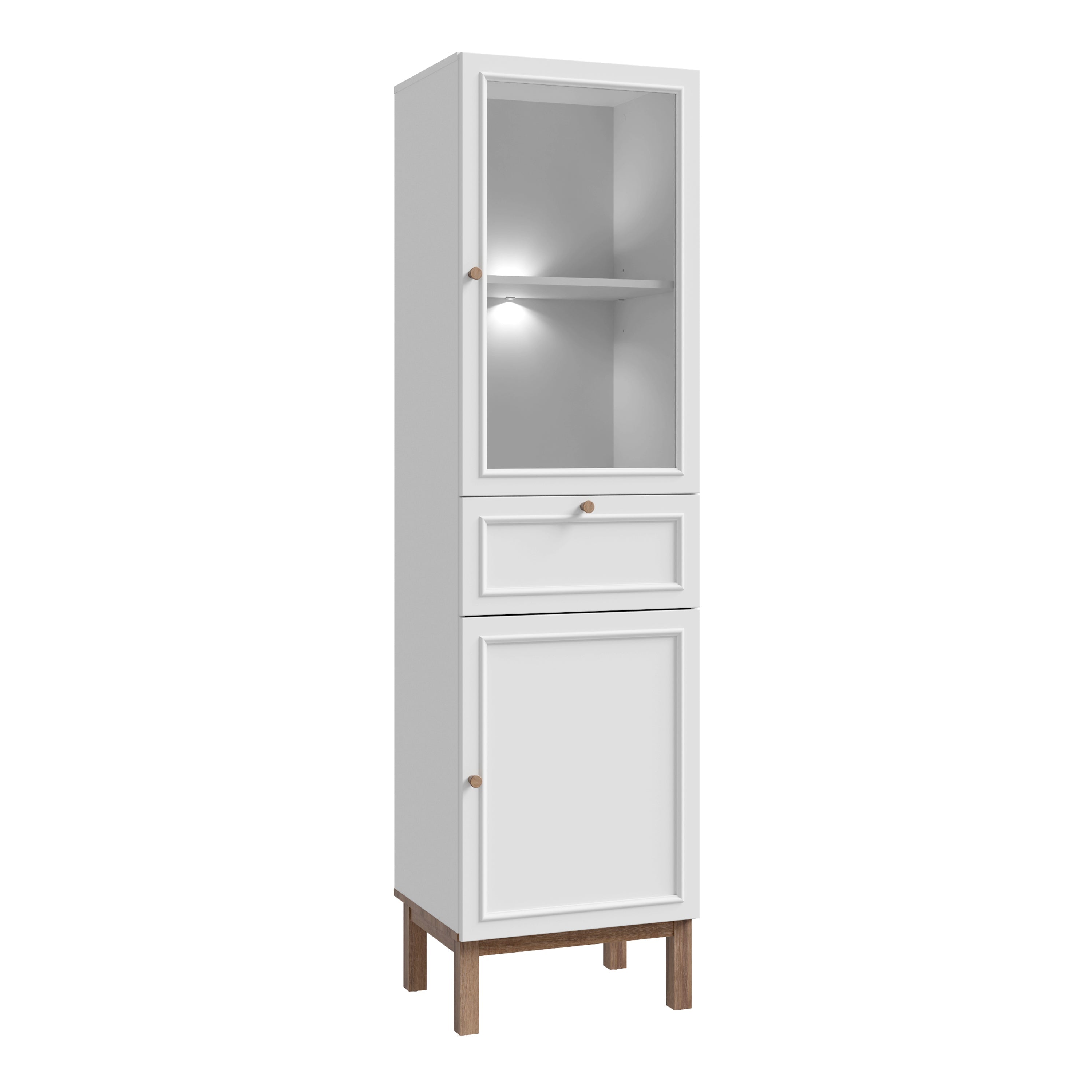 Wensley Display Cabinet with 1 Door 1 Drawer and 1 Glass Door in Light Grey and Oak inc LED Lighting – FTG