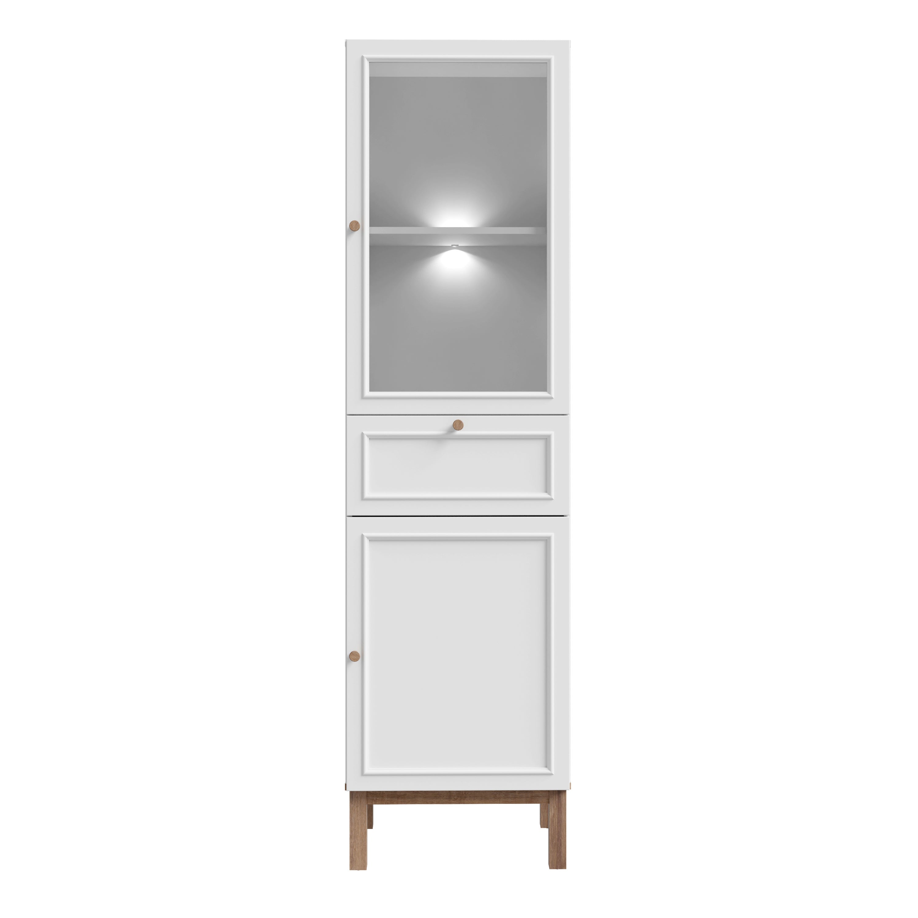 Wensley Display Cabinet with 1 Door 1 Drawer and 1 Glass Door in Light Grey and Oak inc LED Lighting – FTG, view 2