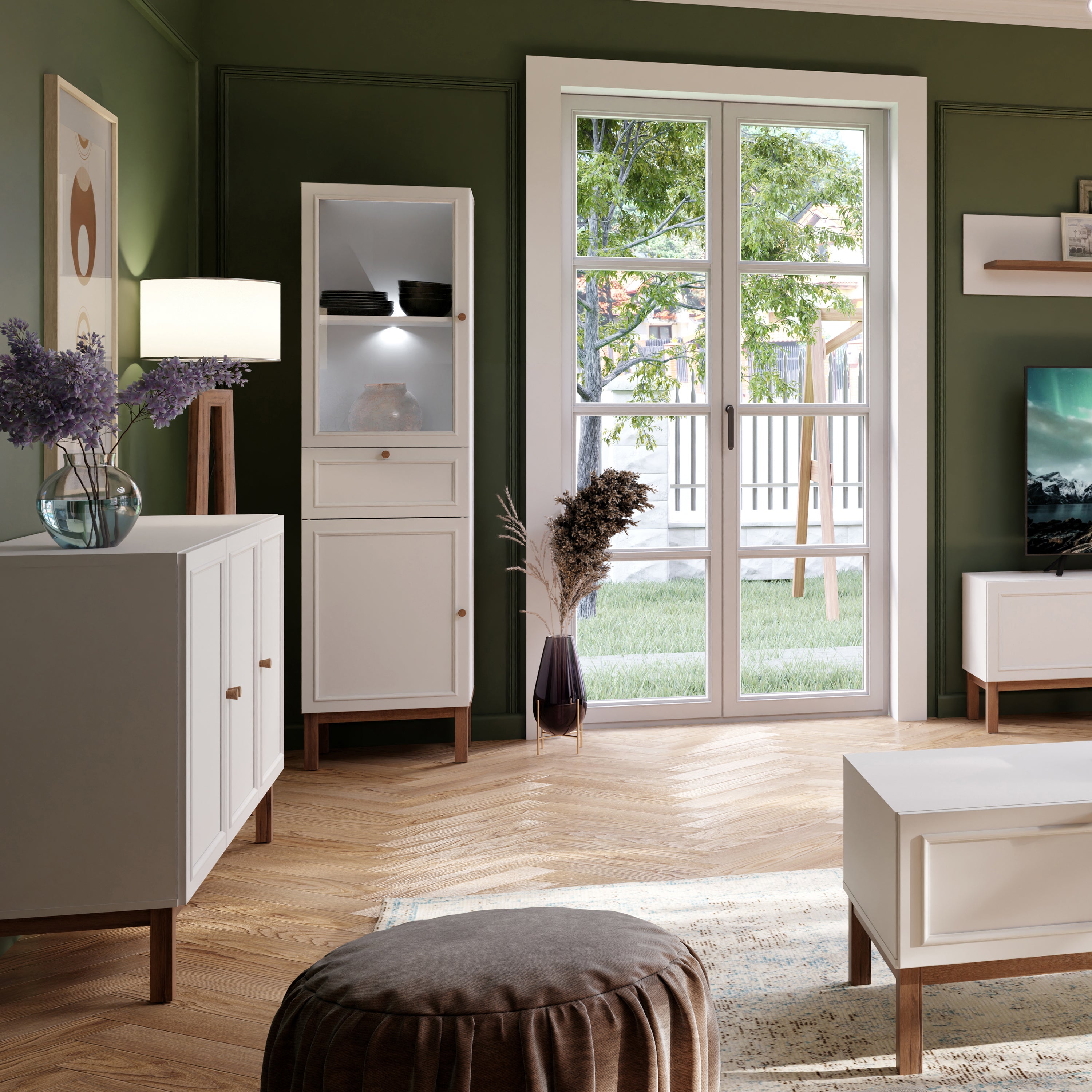 Wensley Display Cabinet with 1 Door 1 Drawer and 1 Glass Door in Light Grey and Oak inc LED Lighting – FTG, view 5