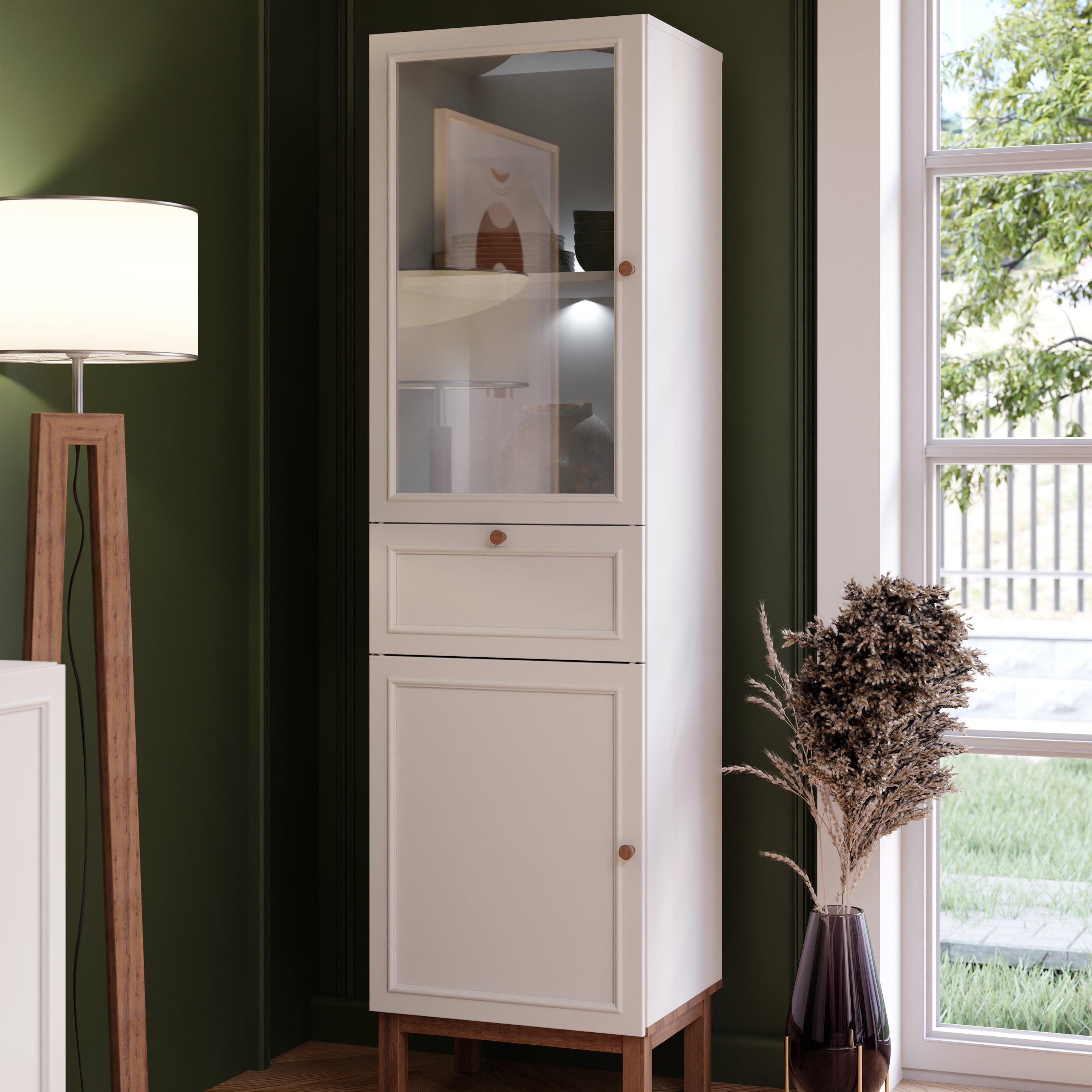 Wensley Display Cabinet with 1 Door 1 Drawer and 1 Glass Door in Light Grey and Oak inc LED Lighting – FTG, view 7