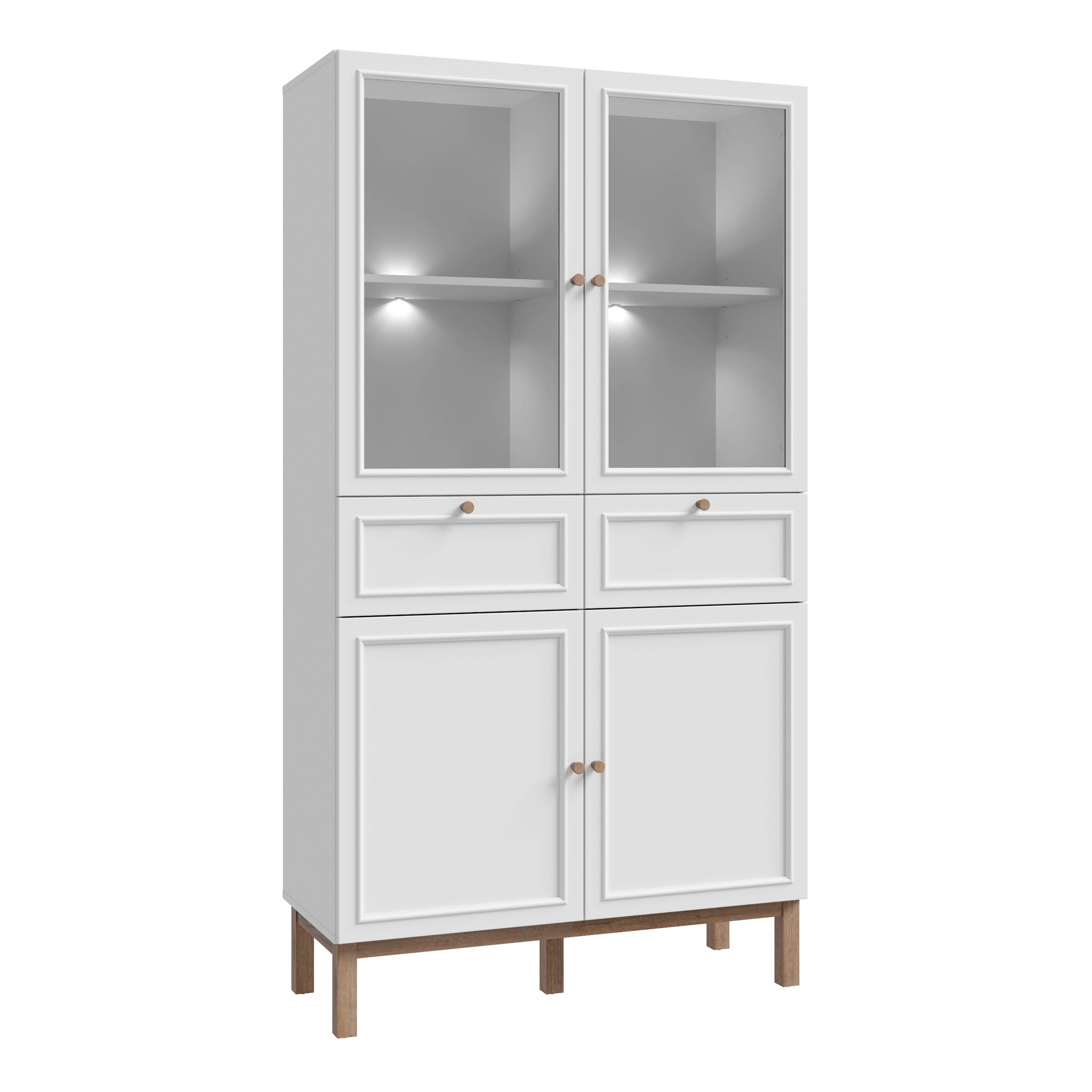 Wensley Display Cabinet with 2 Doors 2 Drawers and 2 Glass Doors in Light Grey and Oak inc LED Lighting – FTG