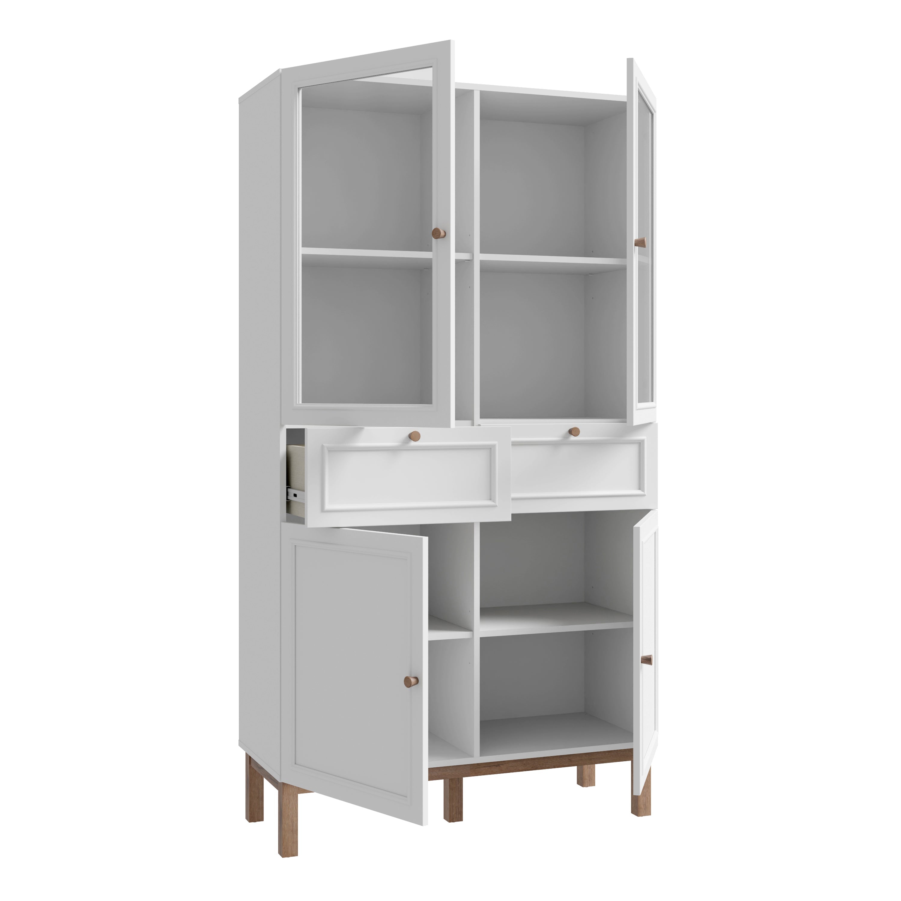 Wensley Display Cabinet with 2 Doors 2 Drawers and 2 Glass Doors in Light Grey and Oak inc LED Lighting – FTG, view 3