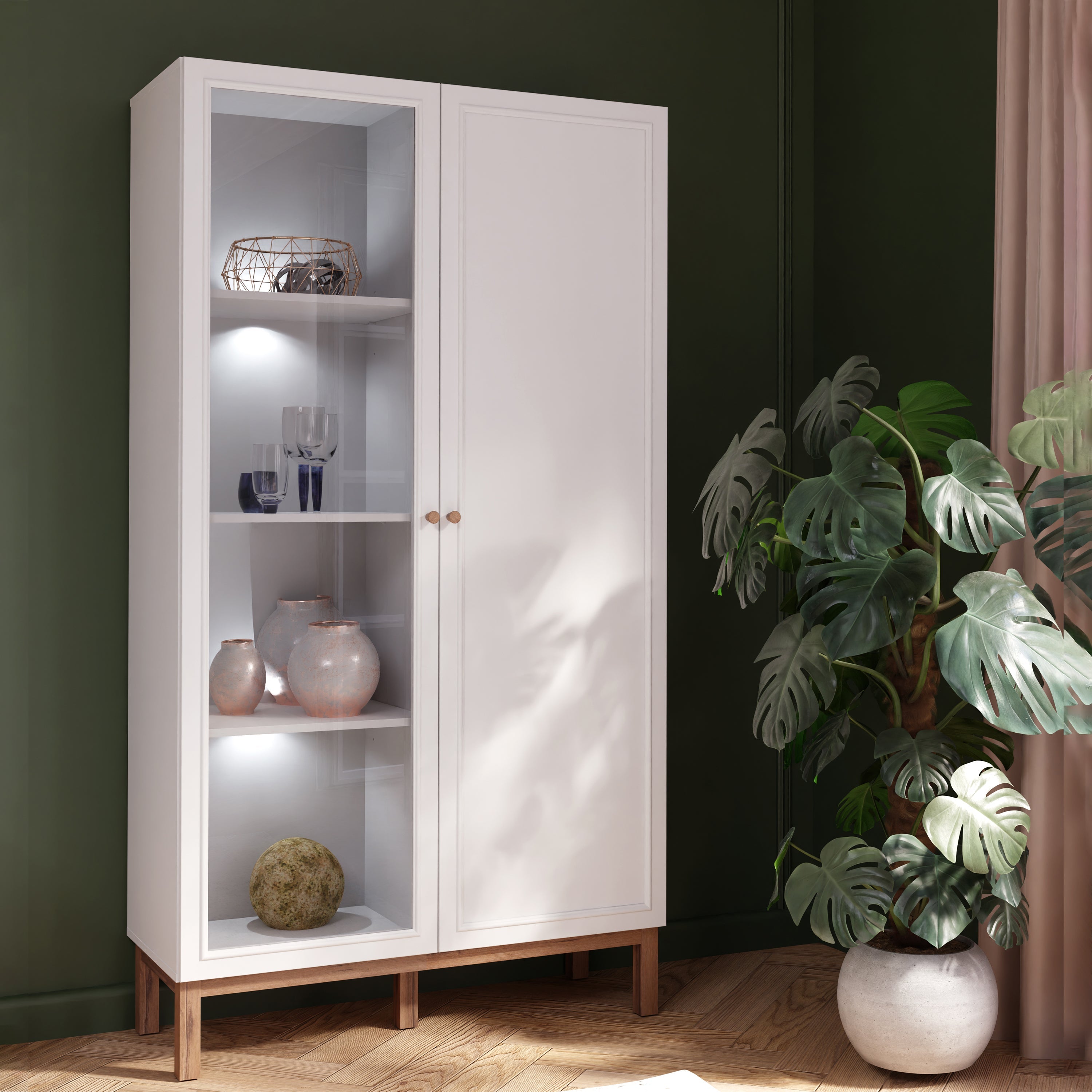 Wensley Display Cabinet with 1 Door and 1 Glass Door in Light Grey and Oak inc LED Lighting – FTG, view 7