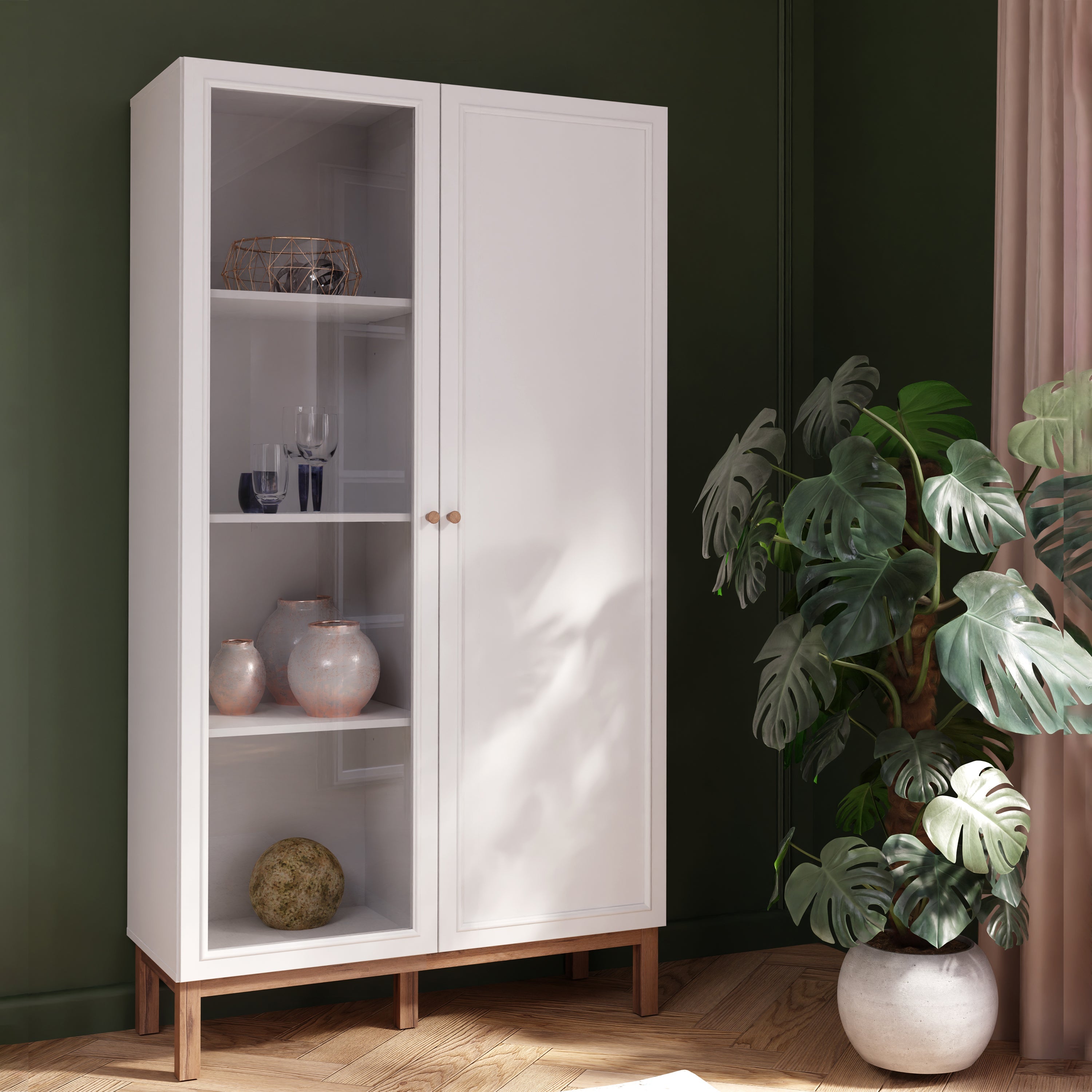 Wensley Display Cabinet with 1 Door and 1 Glass Door in Light Grey and Oak – FTG, view 6