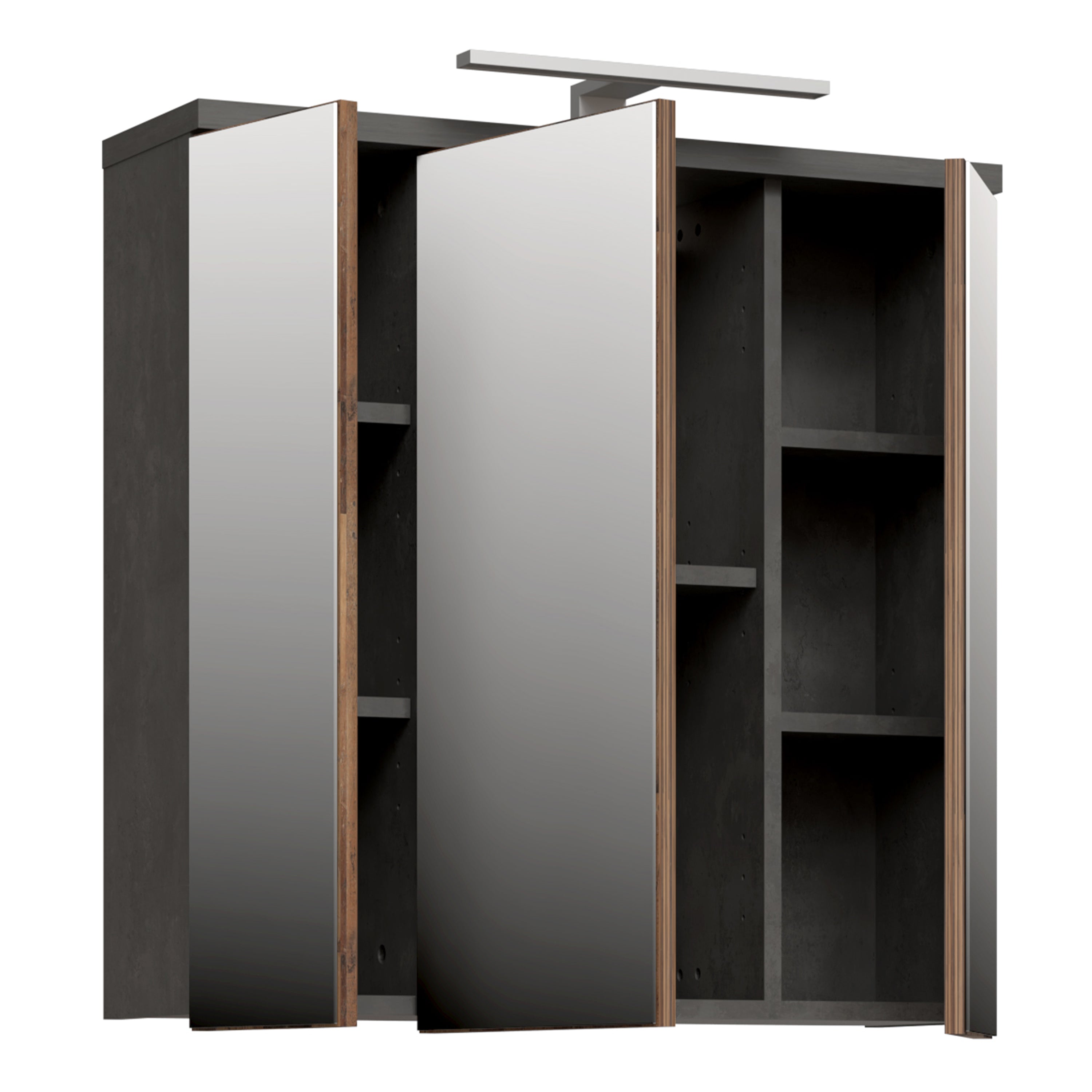 Veris 3 Door Mirrored Bathroom Cabinet with Integrated LED Lighting – Walnut & Dark Grey