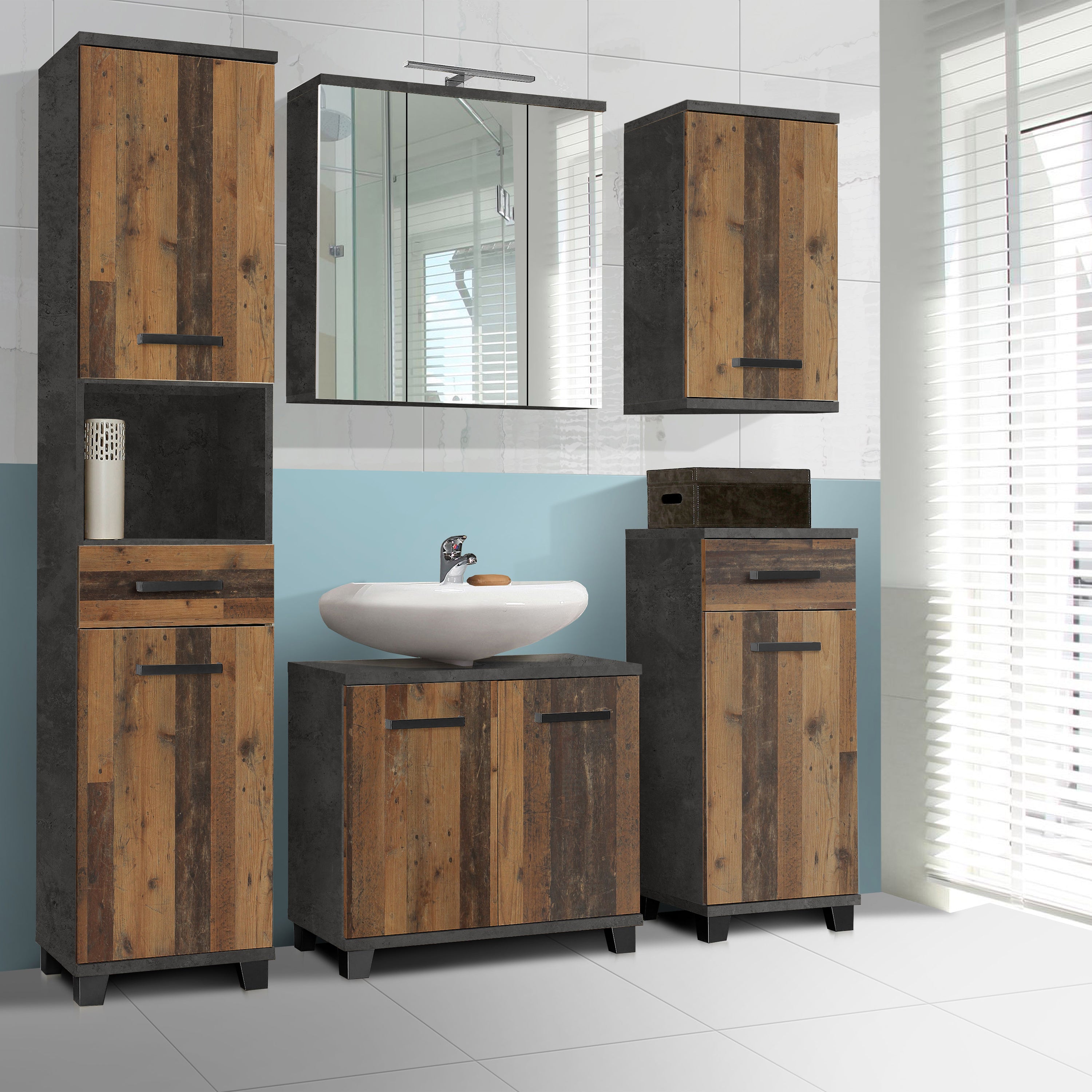 Veris 3 Door Mirrored Bathroom Cabinet with Integrated LED Lighting – Walnut & Dark Grey