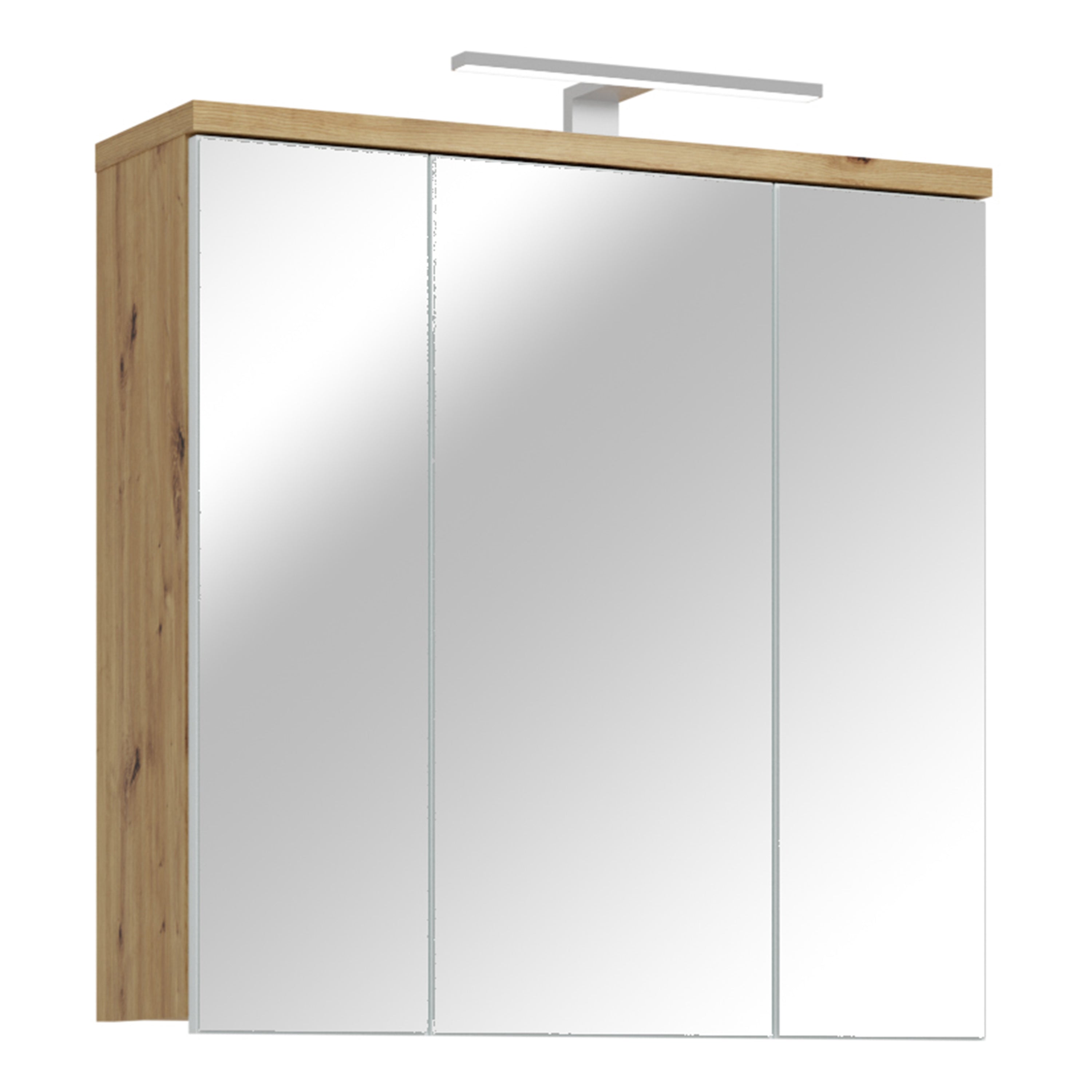 Veris 3 Door Mirrored Bathroom Cabinet with Integrated LED Lighting – Artisan Oak and Light Grey