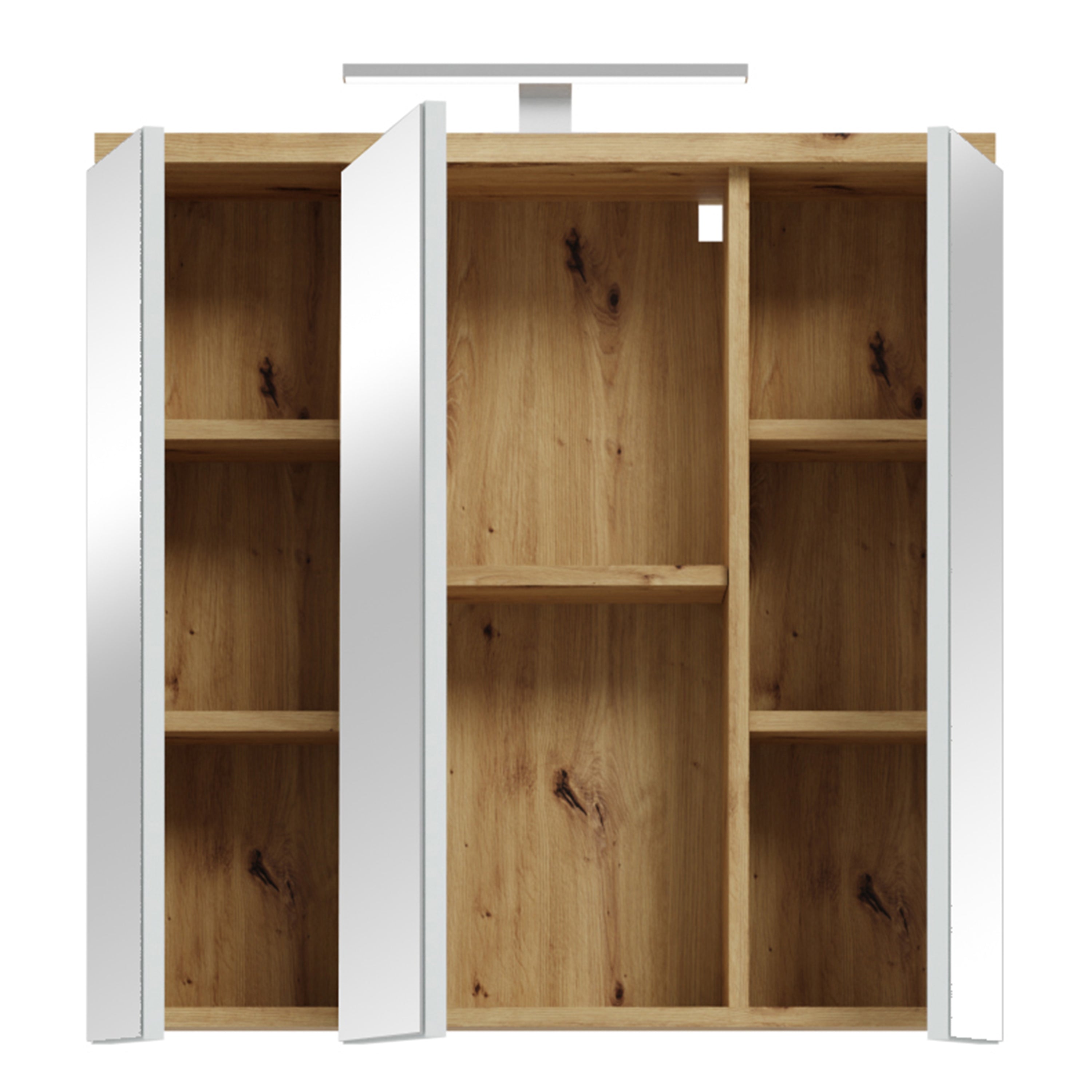 Veris 3 Door Mirrored Bathroom Cabinet with Integrated LED Lighting – Artisan Oak and Light Grey