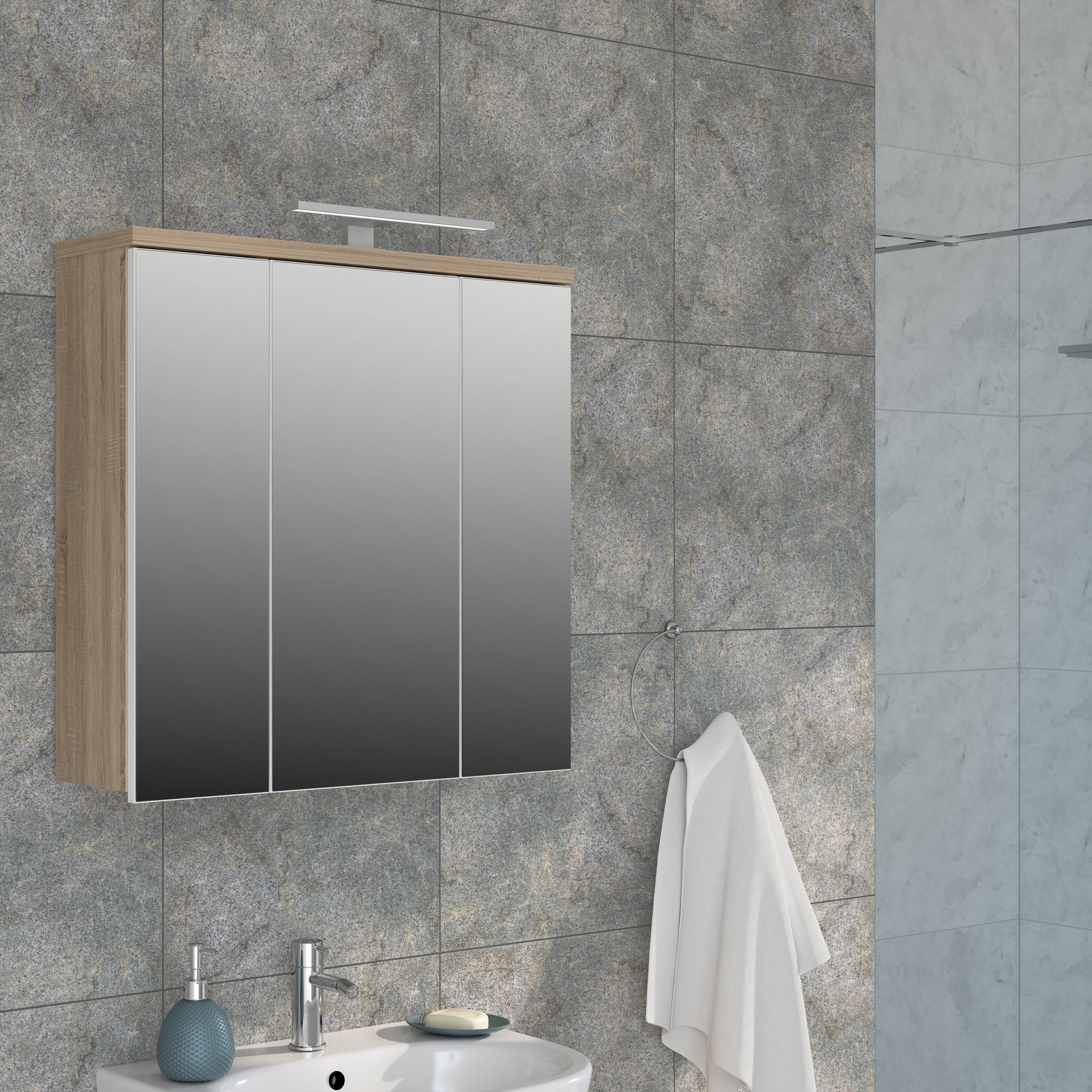 Veris 3 Door Mirrored Bathroom Cabinet with Integrated LED Lighting – Sonoma Oak & White Gloss