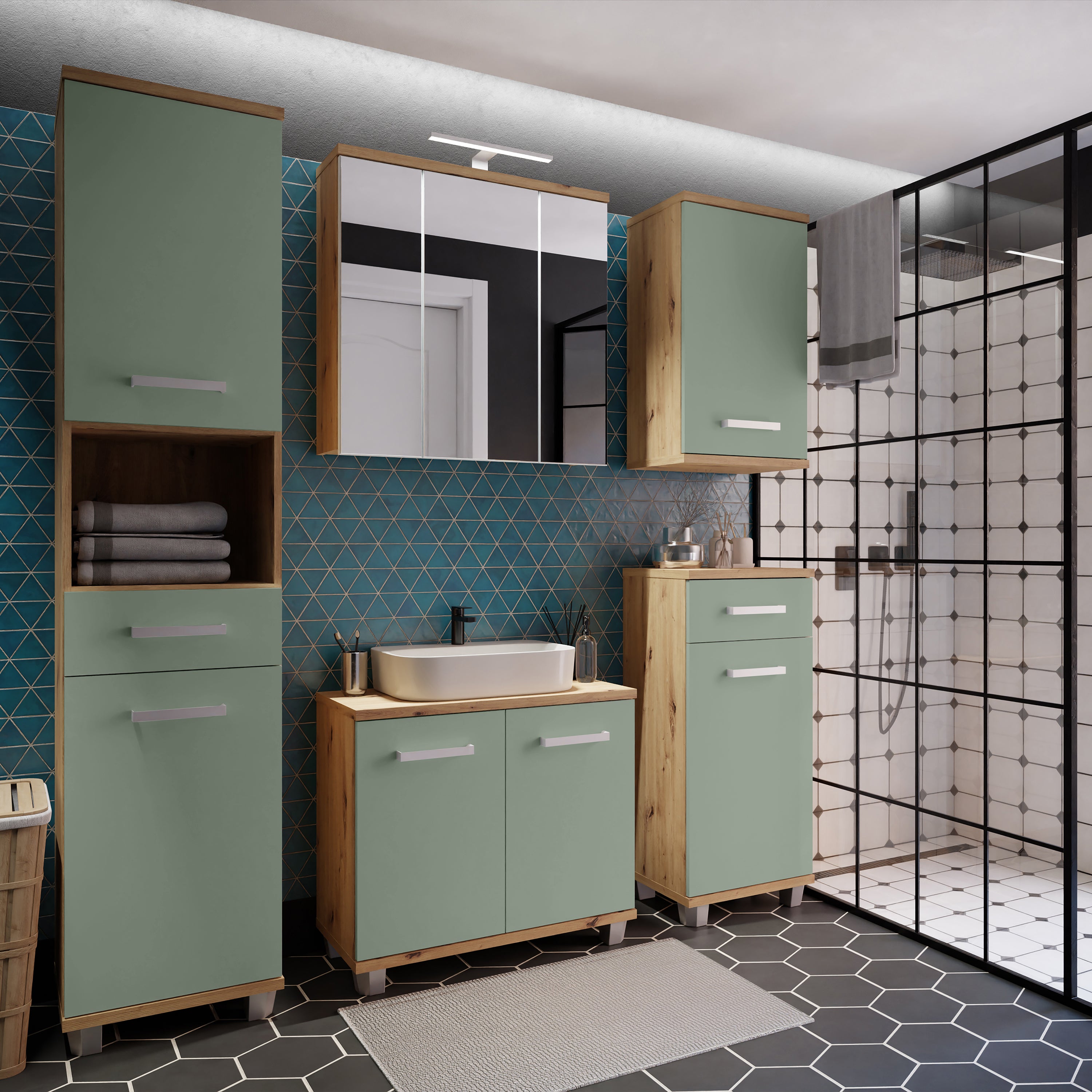 Veris Bathroom Cupboard with 1 Door & 1 Drawer in Artisan Oak and Sage Green