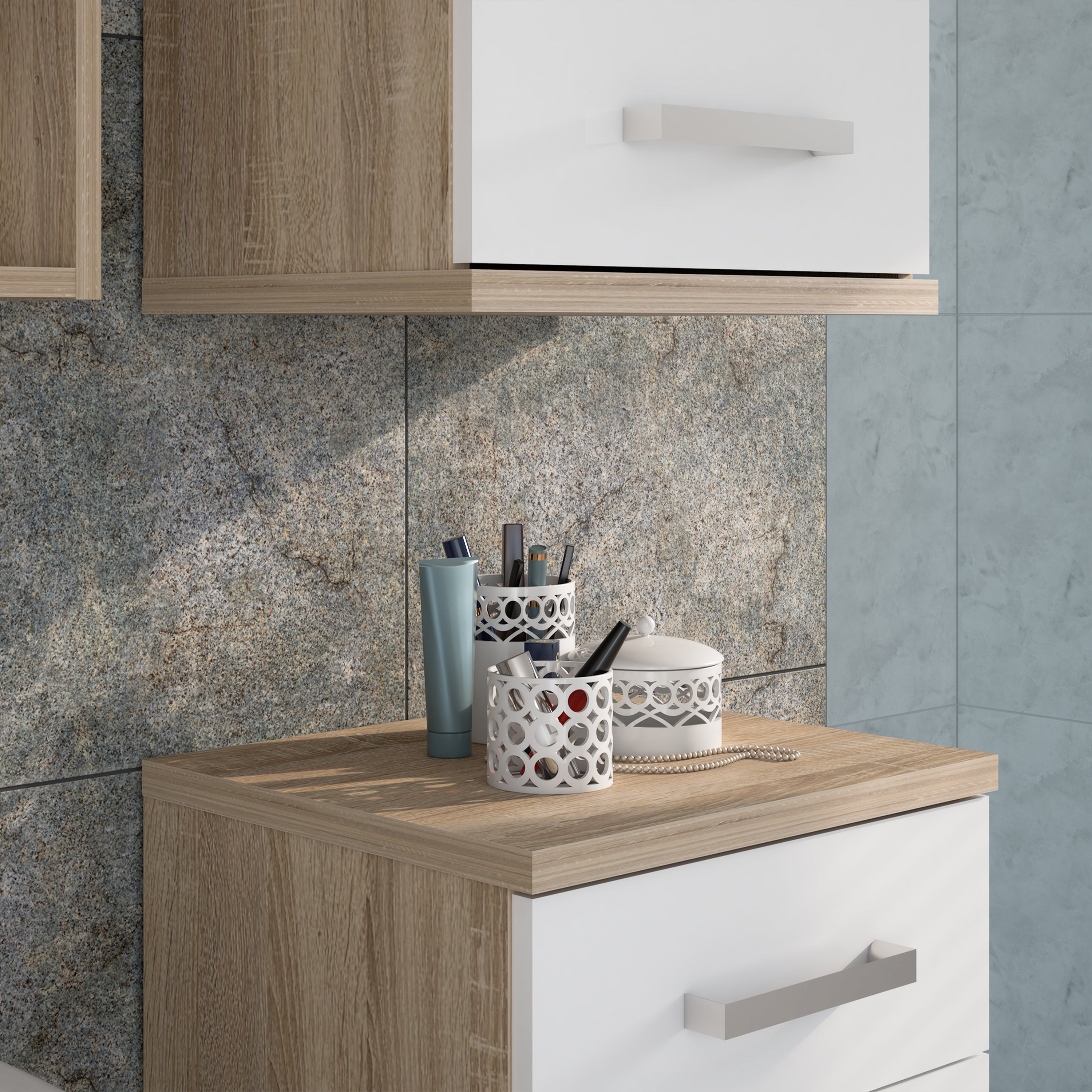Veris Bathroom Cupboard with 1 Door & 1 Drawer in Sonoma Oak and White Gloss
