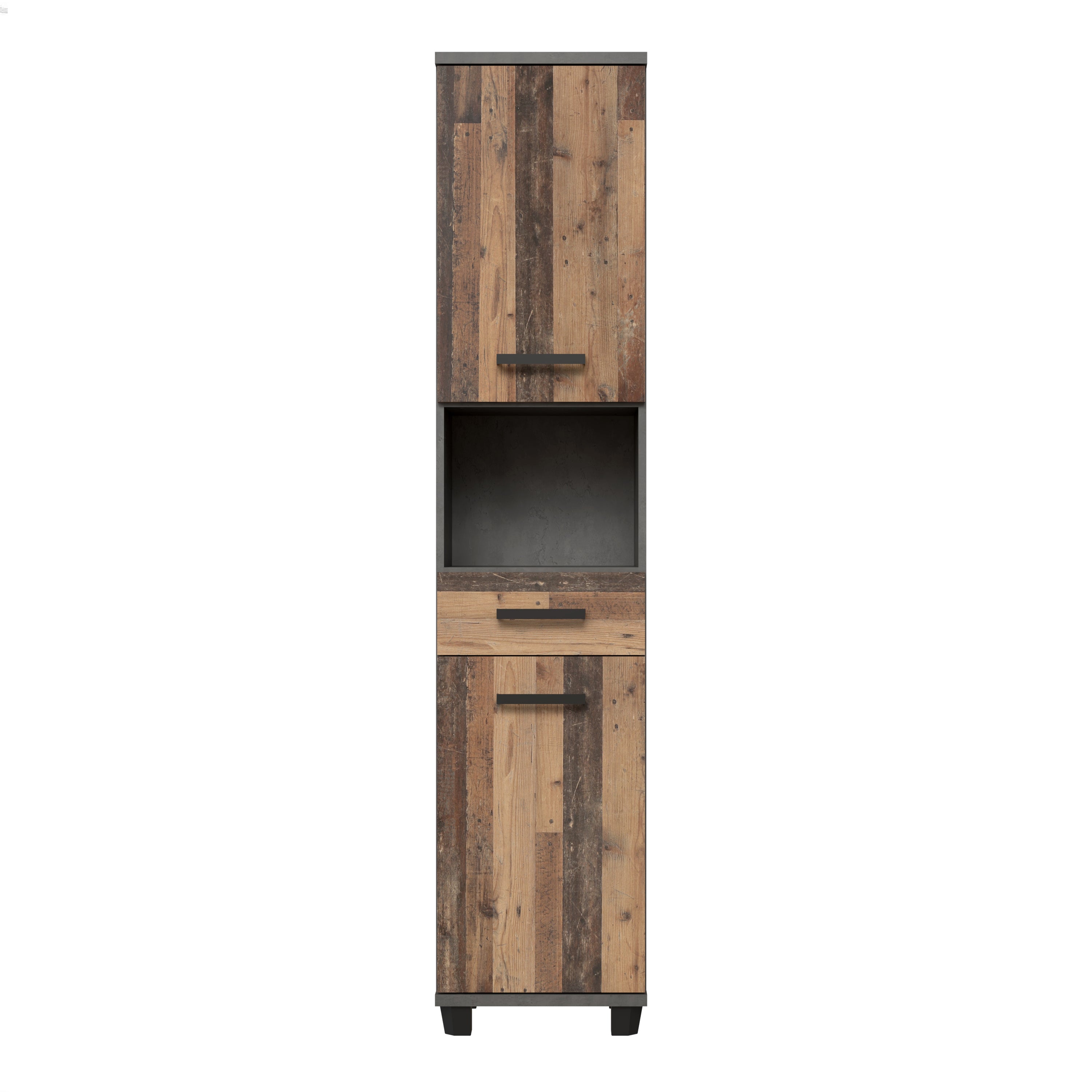 Veris Tall Narrow Bathroom Cupboard with 2 Doors & 1 Drawer in Walnut and Dark Grey