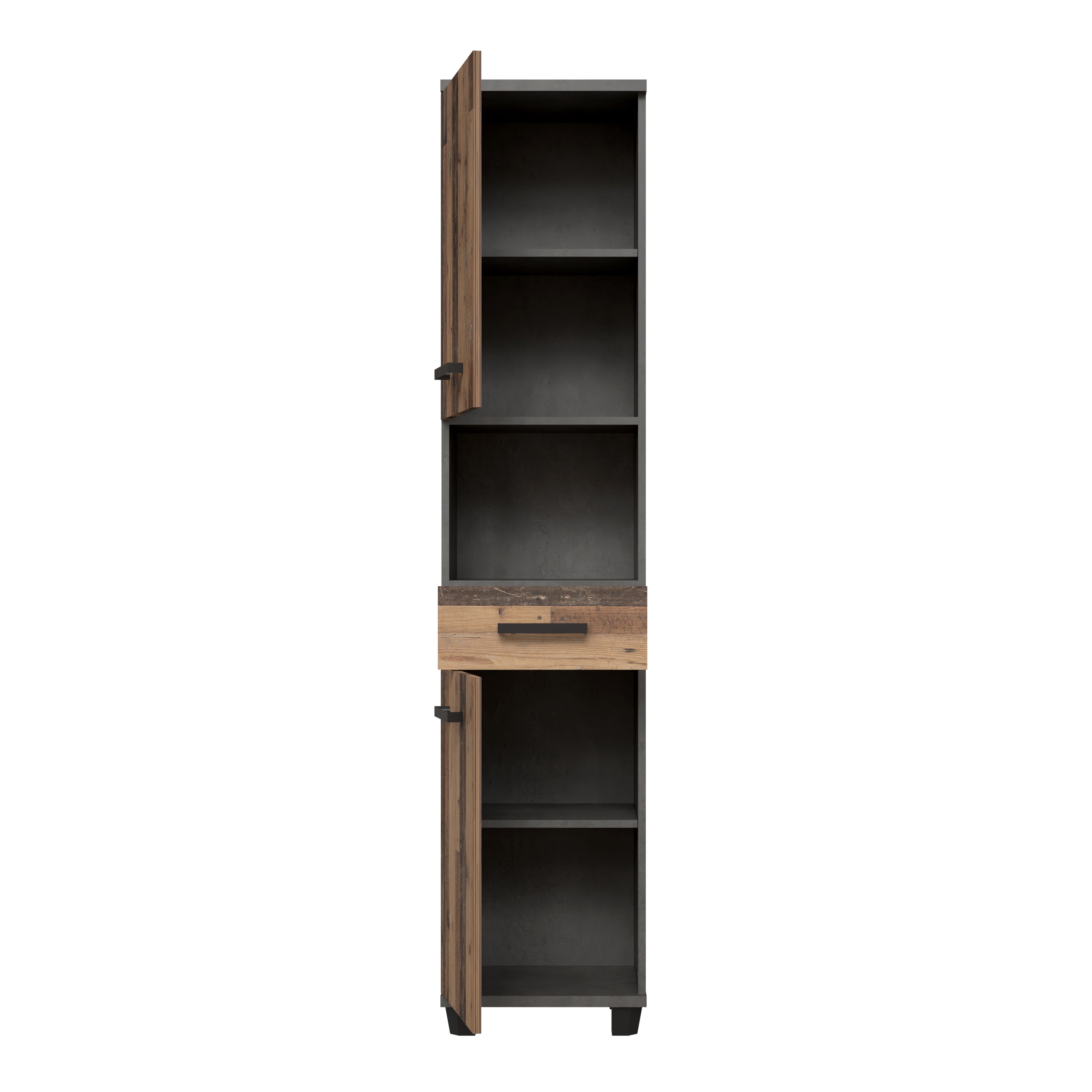 Veris Tall Narrow Bathroom Cupboard with 2 Doors & 1 Drawer in Walnut and Dark Grey