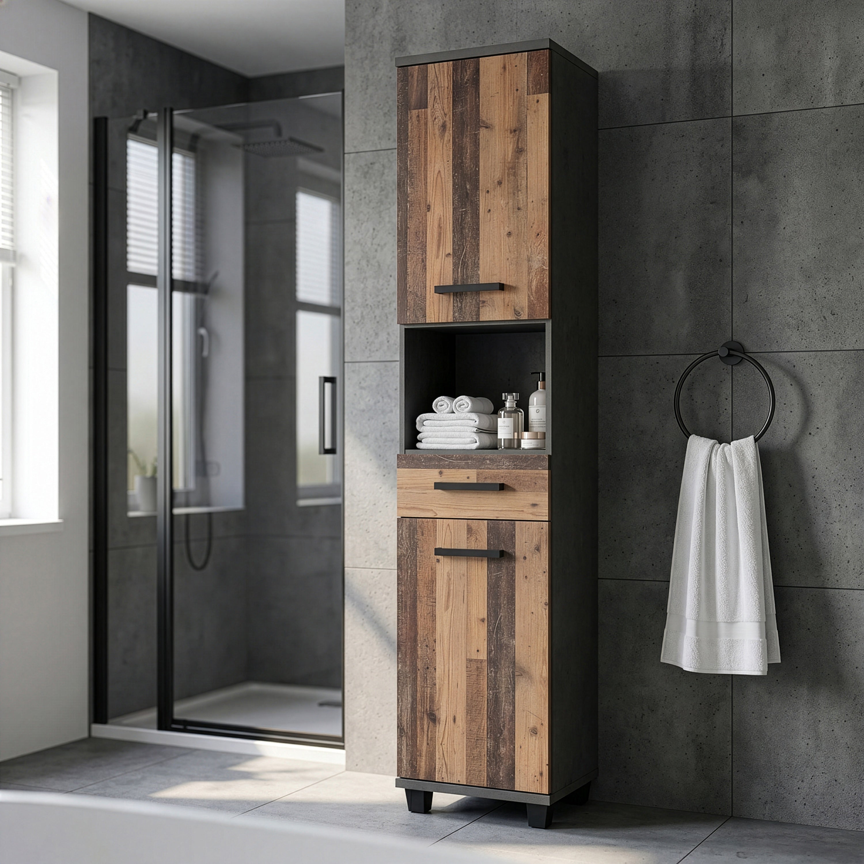Veris Tall Narrow Bathroom Cupboard with 2 Doors & 1 Drawer in Walnut and Dark Grey