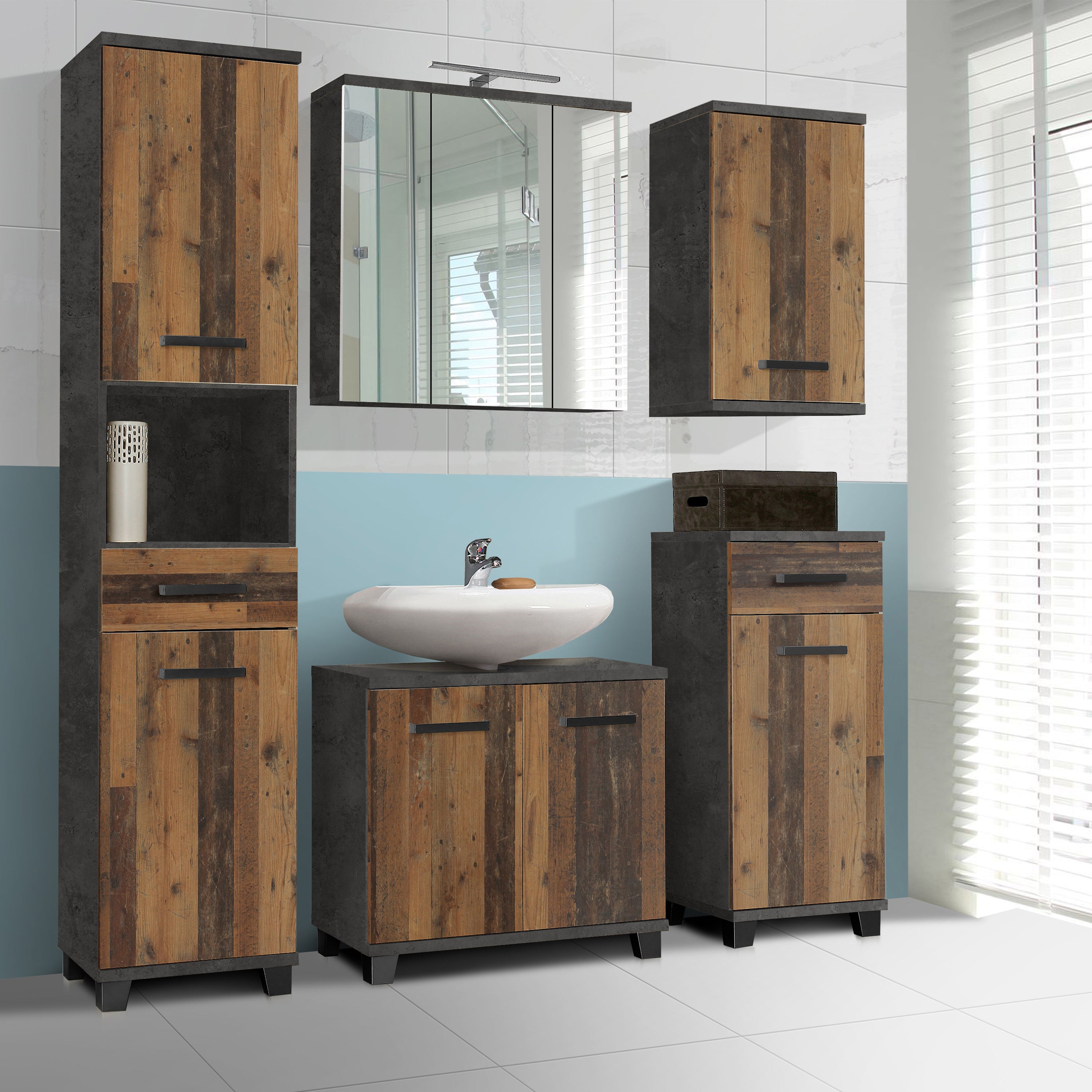 Veris Tall Narrow Bathroom Cupboard with 2 Doors & 1 Drawer in Walnut and Dark Grey