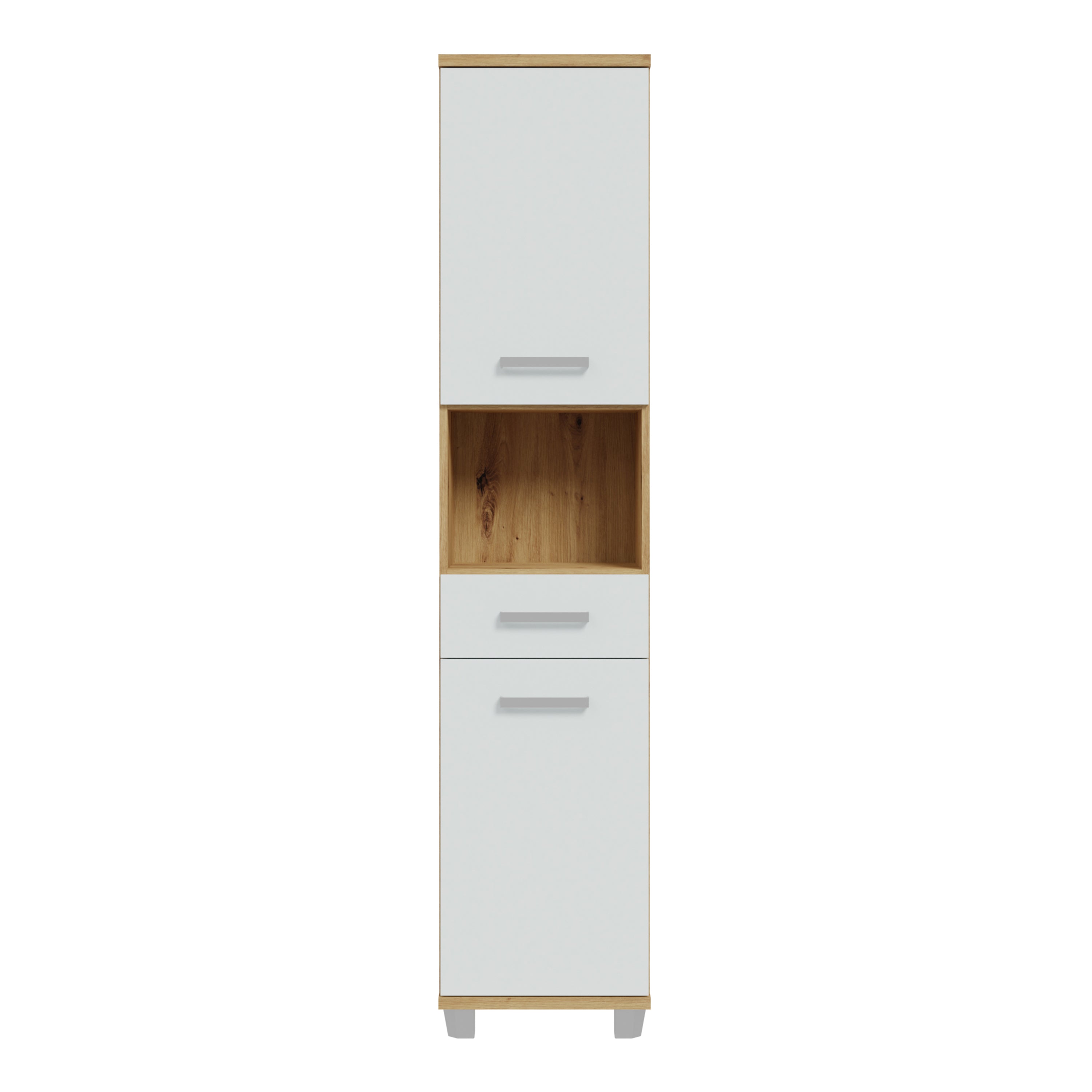 Veris Tall Narrow Bathroom Cupboard with 2 Doors & 1 Drawer in Sonoma Oak and White Gloss