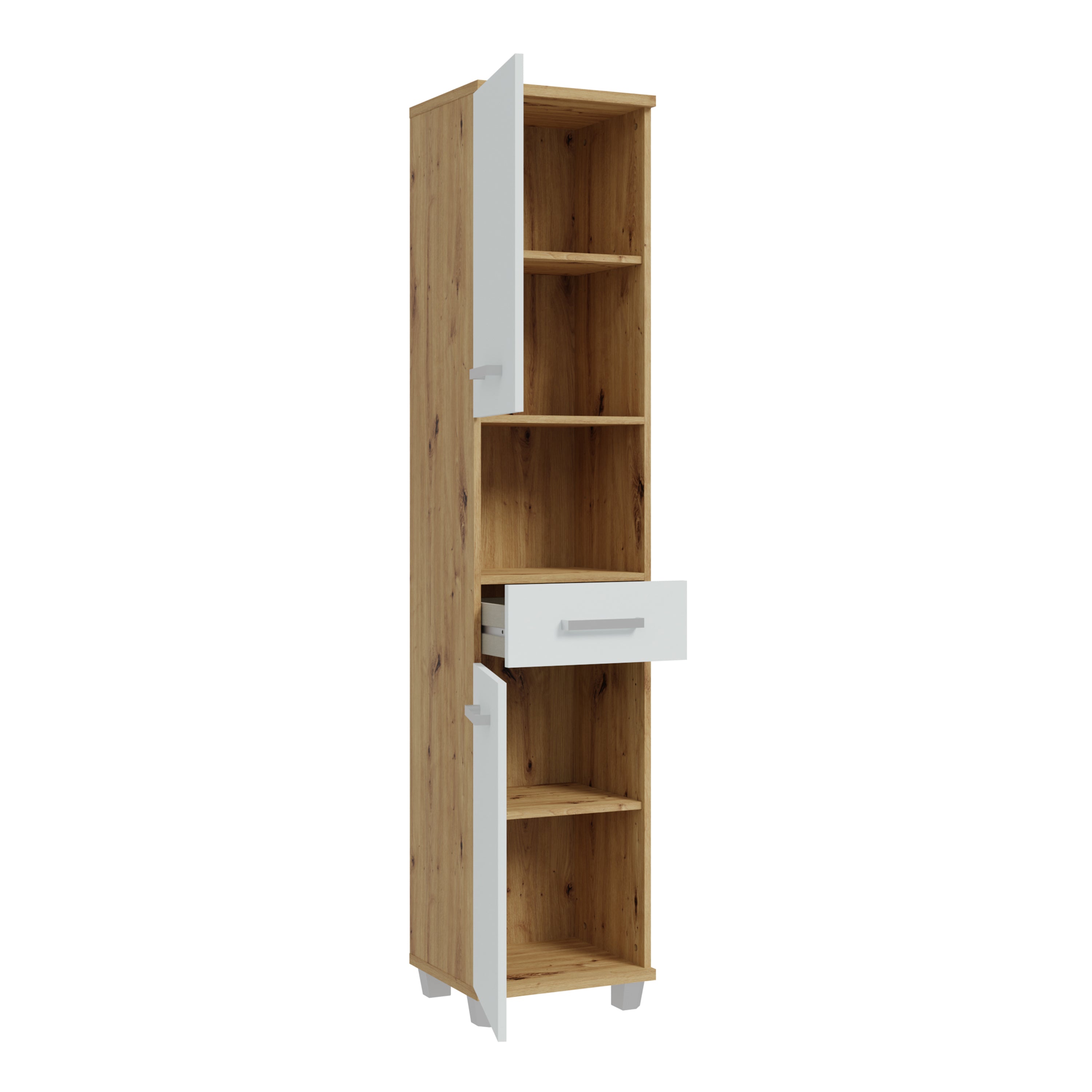 Veris Tall Narrow Bathroom Cupboard with 2 Doors & 1 Drawer in Sonoma Oak and White Gloss